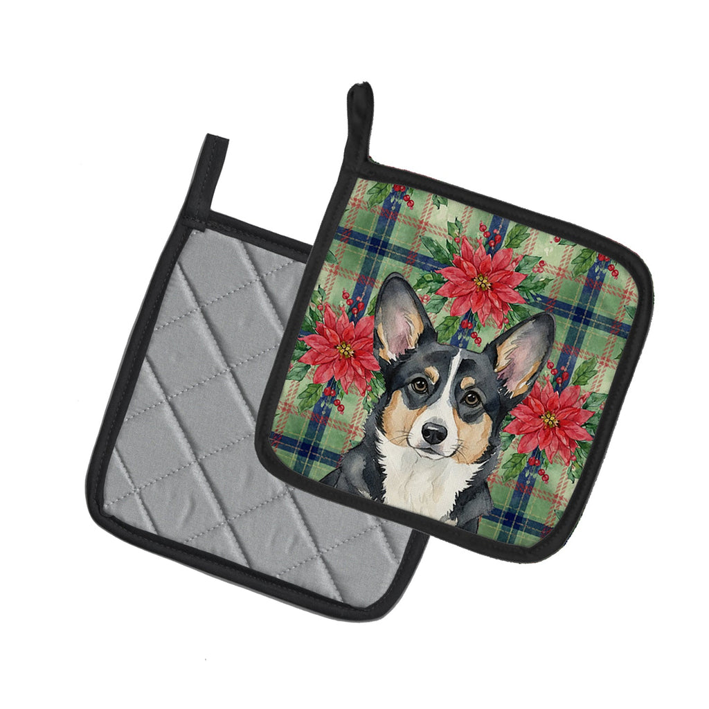 Black and White Cardigan Welsh Corgi Christmas PoinsettIas Pot Holder Set of 2 Heat Resistant Quilted Hot Pads 7.5 x 7.5 Inch, Insulated Kitchen Trivets for Cooking & Baking