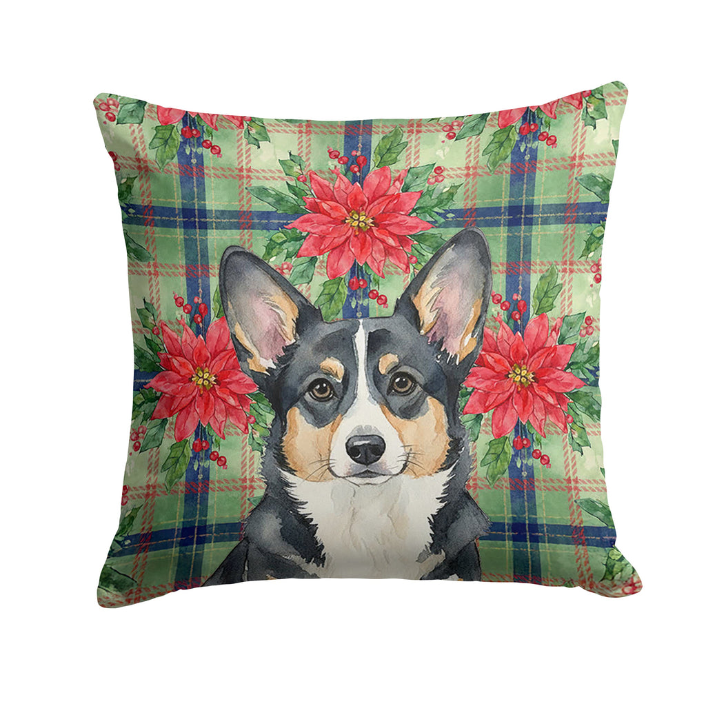 Black and White Cardigan Welsh Corgi Christmas PoinsettIas Decorative Throw Pillow 18x18 Indoor Outdoor Accent Cushion, Fabric Cover with Insert for Sofa, Bed, Porch & Living Room