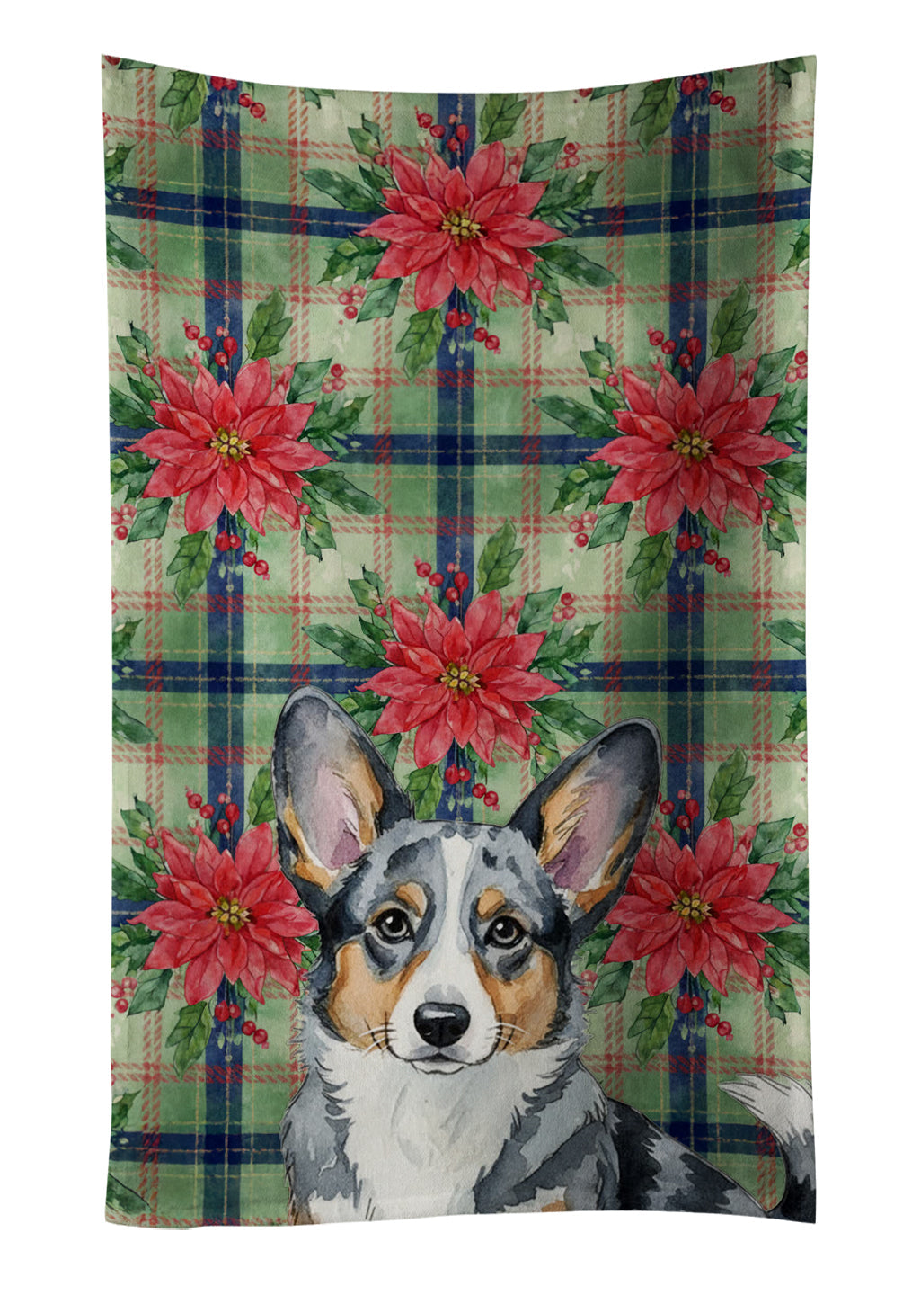 Blue Merle Cardigan Welsh Corgi Christmas PoinsettIas Kitchen Towel Velour Plush Front and Cotton Loop Back Machine Washable