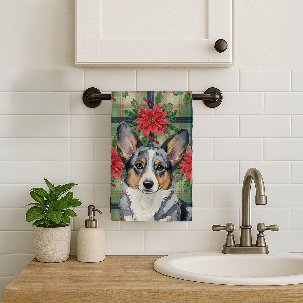 Blue Merle Cardigan Welsh Corgi Christmas PoinsettIas Kitchen Towel Velour Plush Front and Cotton Loop Back Machine Washable