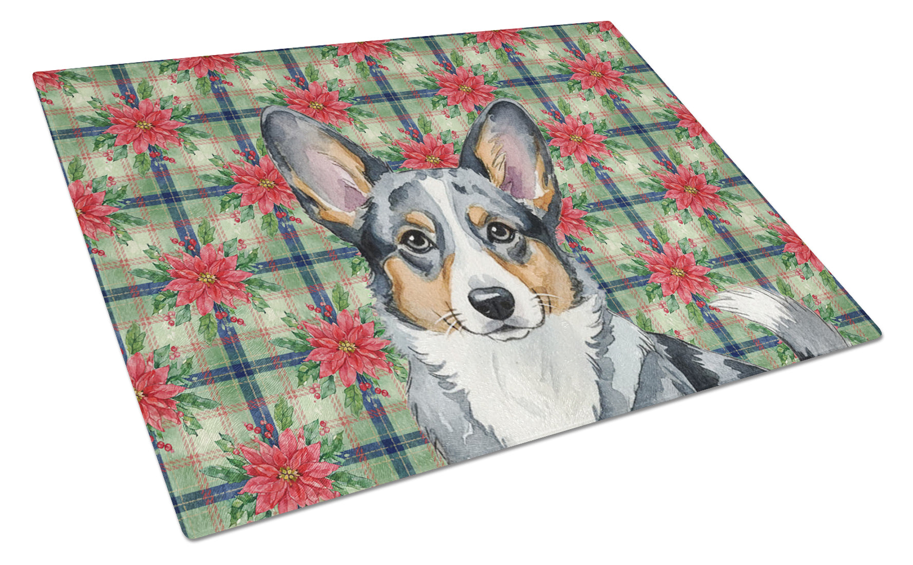 Blue Merle Cardigan Welsh Corgi Christmas PoinsettIas Cutting Board Tempered Glass Kitchen Cutting Surface, Heat Resistant Chopping, Non-Slip Feet, Food Prep & Serving