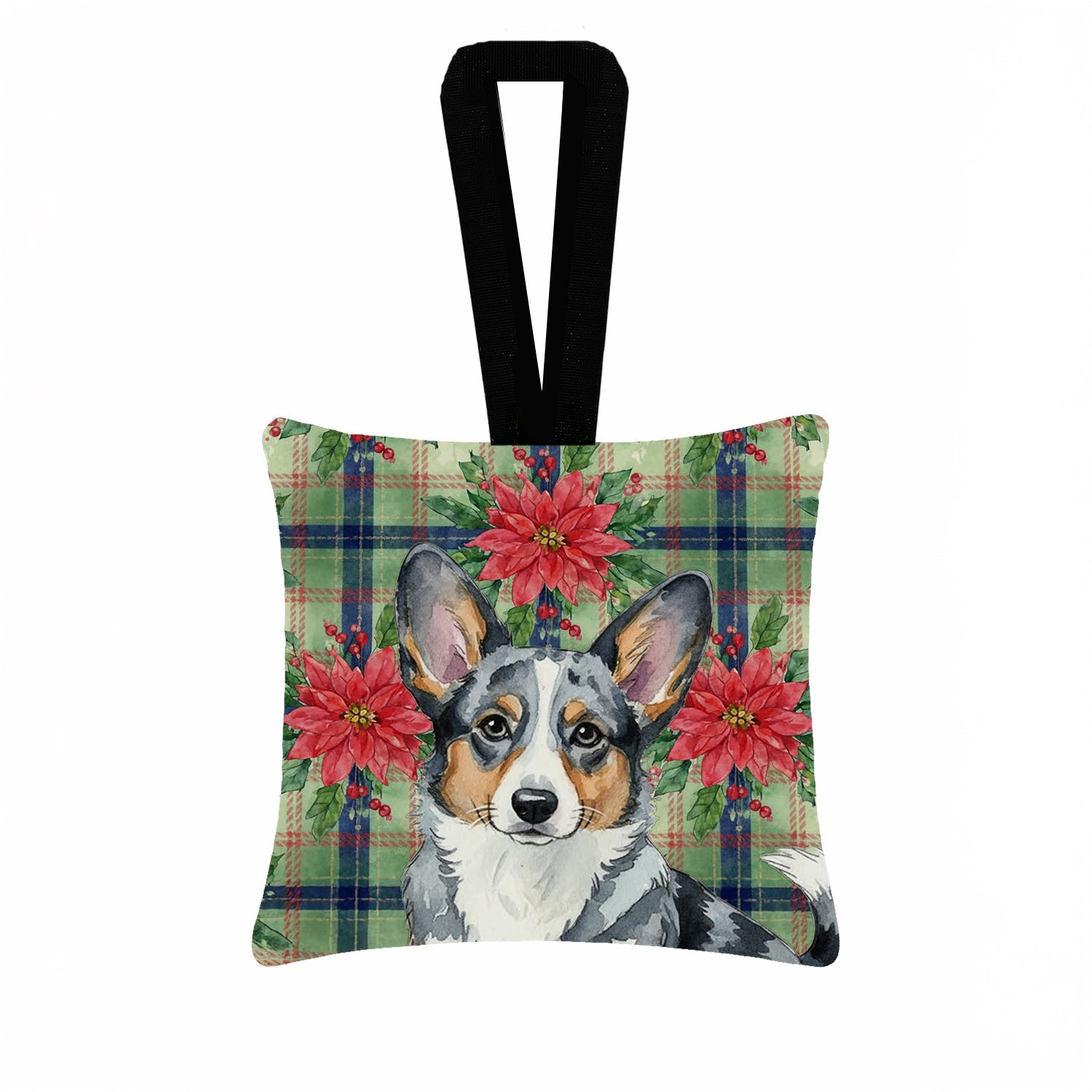 Blue Merle Cardigan Welsh Corgi Christmas PoinsettIas Hanging Square Fabric Ornament 3.5 � 3.5 Decorative Door-Knob & Tree Hanger, Soft Fabric