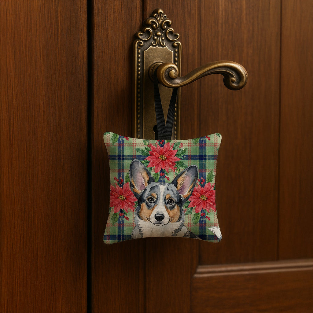 Blue Merle Cardigan Welsh Corgi Christmas PoinsettIas Hanging Square Fabric Ornament 3.5 � 3.5 Decorative Door-Knob & Tree Hanger, Soft Fabric