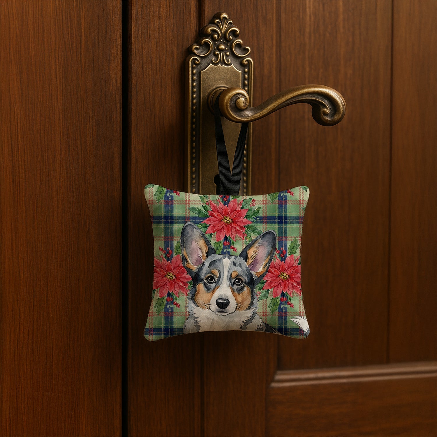 Blue Merle Cardigan Welsh Corgi Christmas PoinsettIas Hanging Square Fabric Ornament 3.5 � 3.5 Decorative Door-Knob & Tree Hanger, Soft Fabric