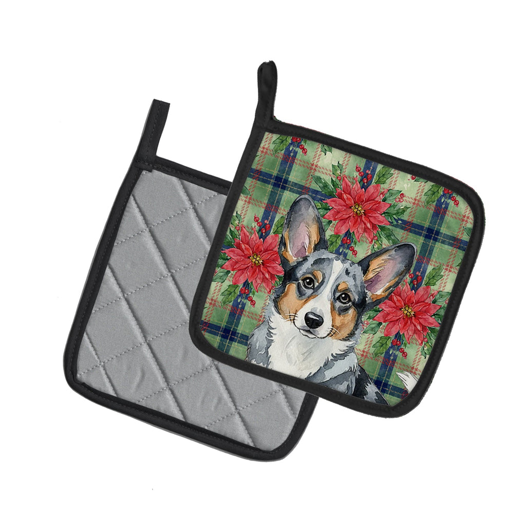 Blue Merle Cardigan Welsh Corgi Christmas PoinsettIas Pot Holder Set of 2 Heat Resistant Quilted Hot Pads 7.5 x 7.5 Inch, Insulated Kitchen Trivets for Cooking & Baking