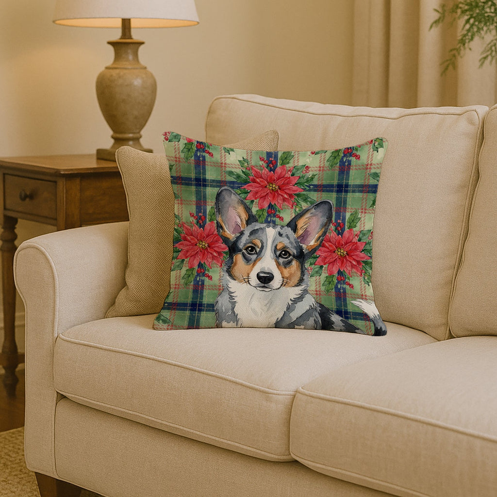 Blue Merle Cardigan Welsh Corgi Christmas PoinsettIas Decorative Throw Pillow 14x14 Indoor Outdoor Accent Cushion, Fabric Cover with Insert for Sofa, Bed, Porch & Living Room