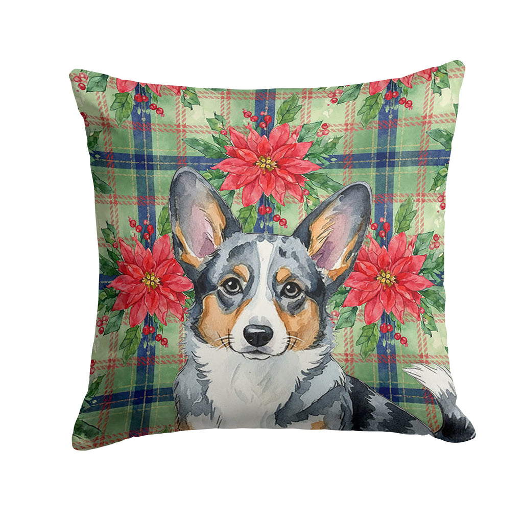 Blue Merle Cardigan Welsh Corgi Christmas PoinsettIas Decorative Throw Pillow 18x18 Indoor Outdoor Accent Cushion, Fabric Cover with Insert for Sofa, Bed, Porch & Living Room