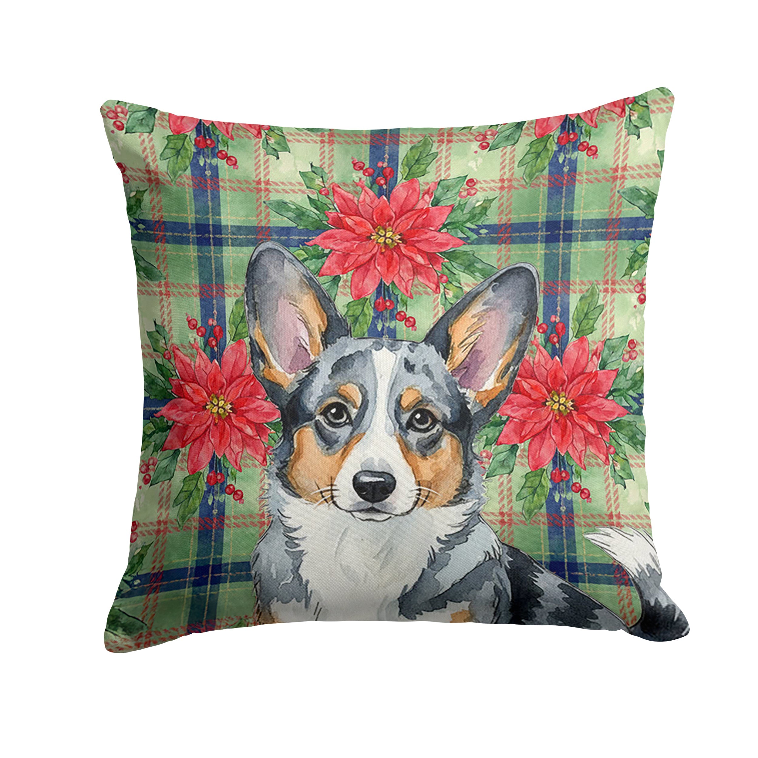 Blue Merle Cardigan Welsh Corgi Christmas PoinsettIas Decorative Throw Pillow 18x18 Indoor Outdoor Accent Cushion, Fabric Cover with Insert for Sofa, Bed, Porch & Living Room