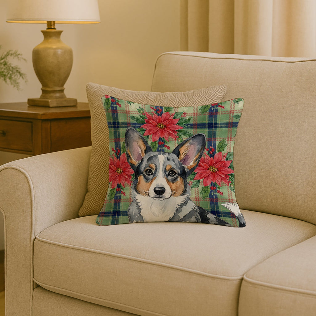 Blue Merle Cardigan Welsh Corgi Christmas PoinsettIas Decorative Throw Pillow 18x18 Indoor Outdoor Accent Cushion, Fabric Cover with Insert for Sofa, Bed, Porch & Living Room