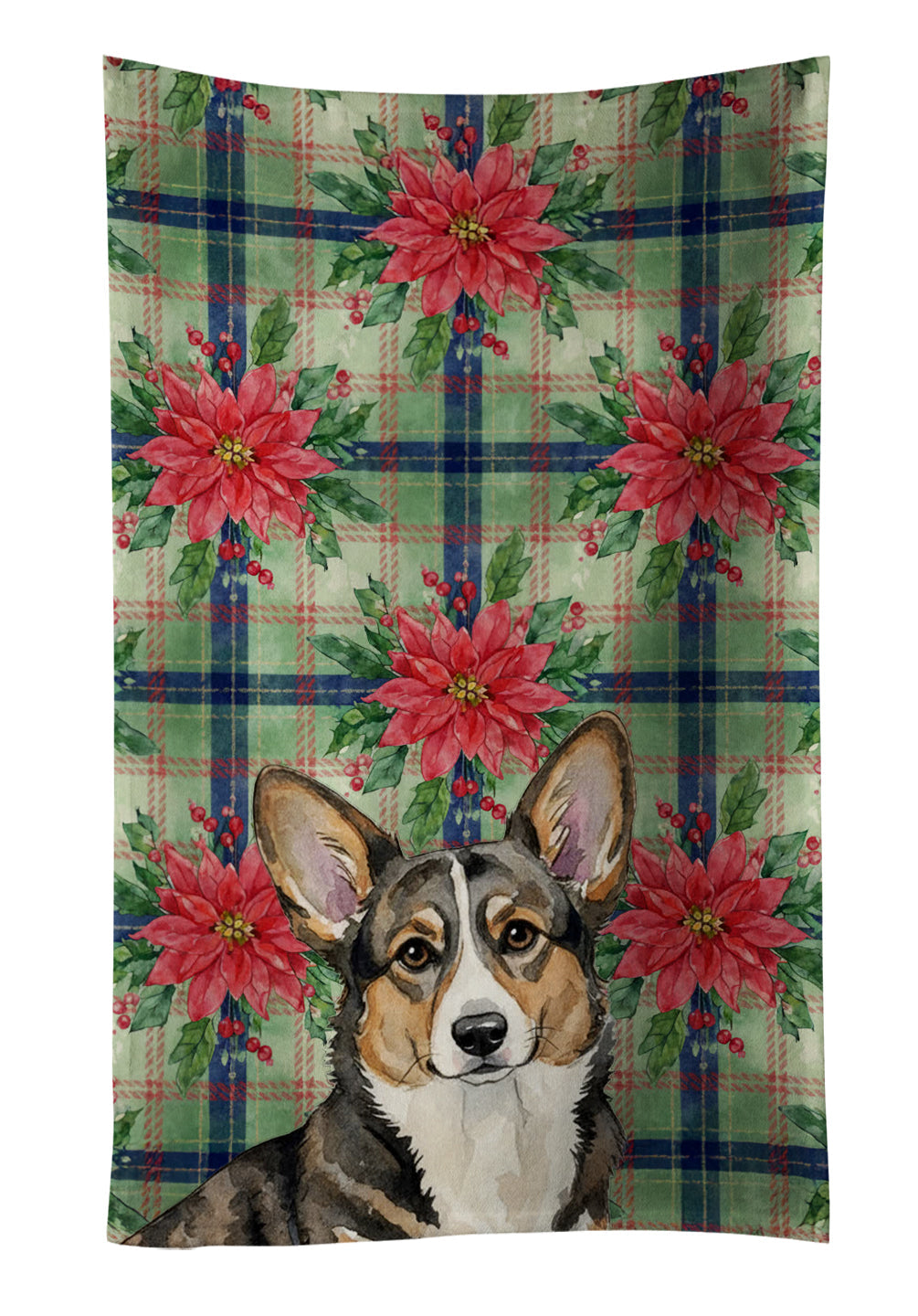 Brindle Cardigan Welsh Corgi Christmas PoinsettIas Kitchen Towel Velour Plush Front and Cotton Loop Back Machine Washable