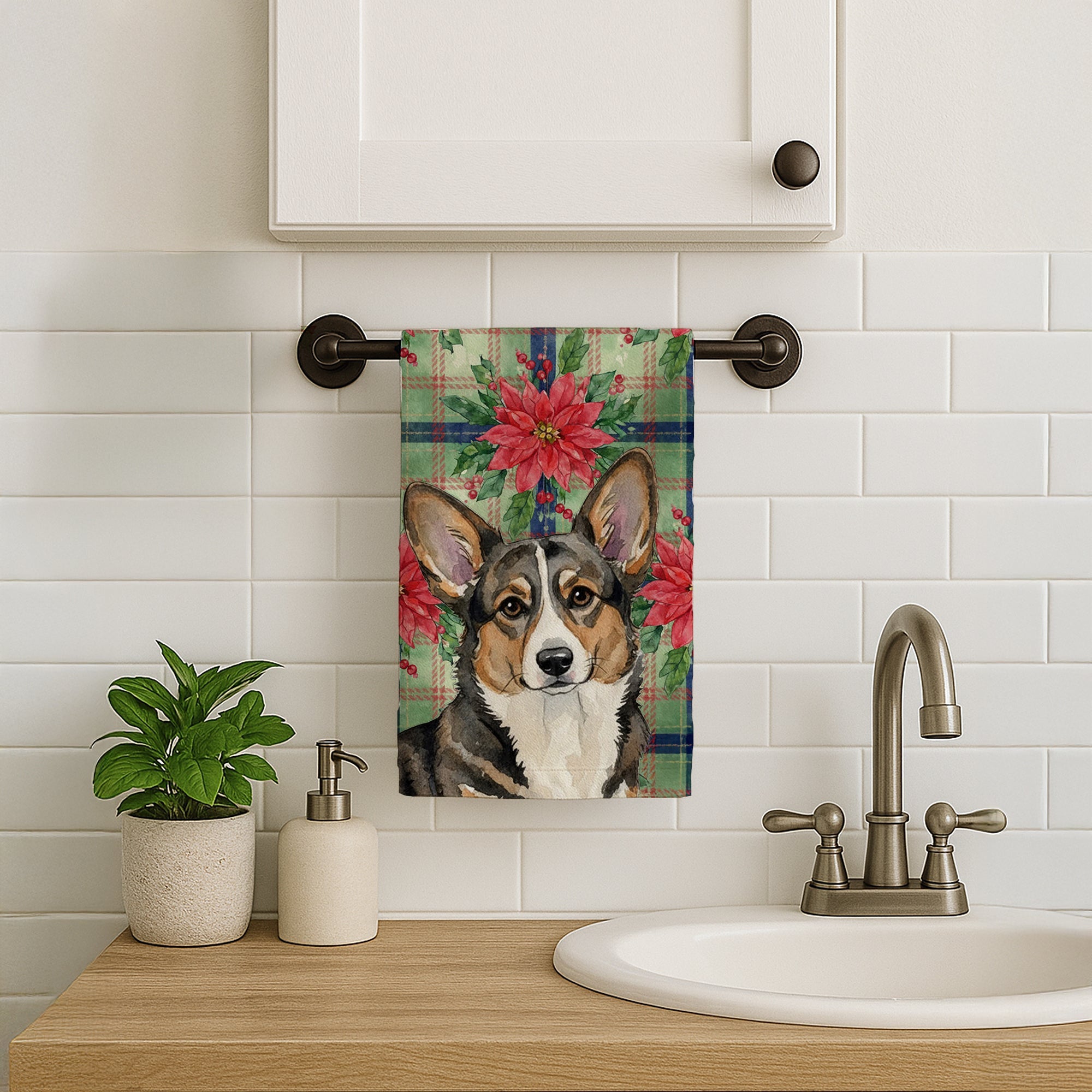 Brindle Cardigan Welsh Corgi Christmas PoinsettIas Kitchen Towel Velour Plush Front and Cotton Loop Back Machine Washable