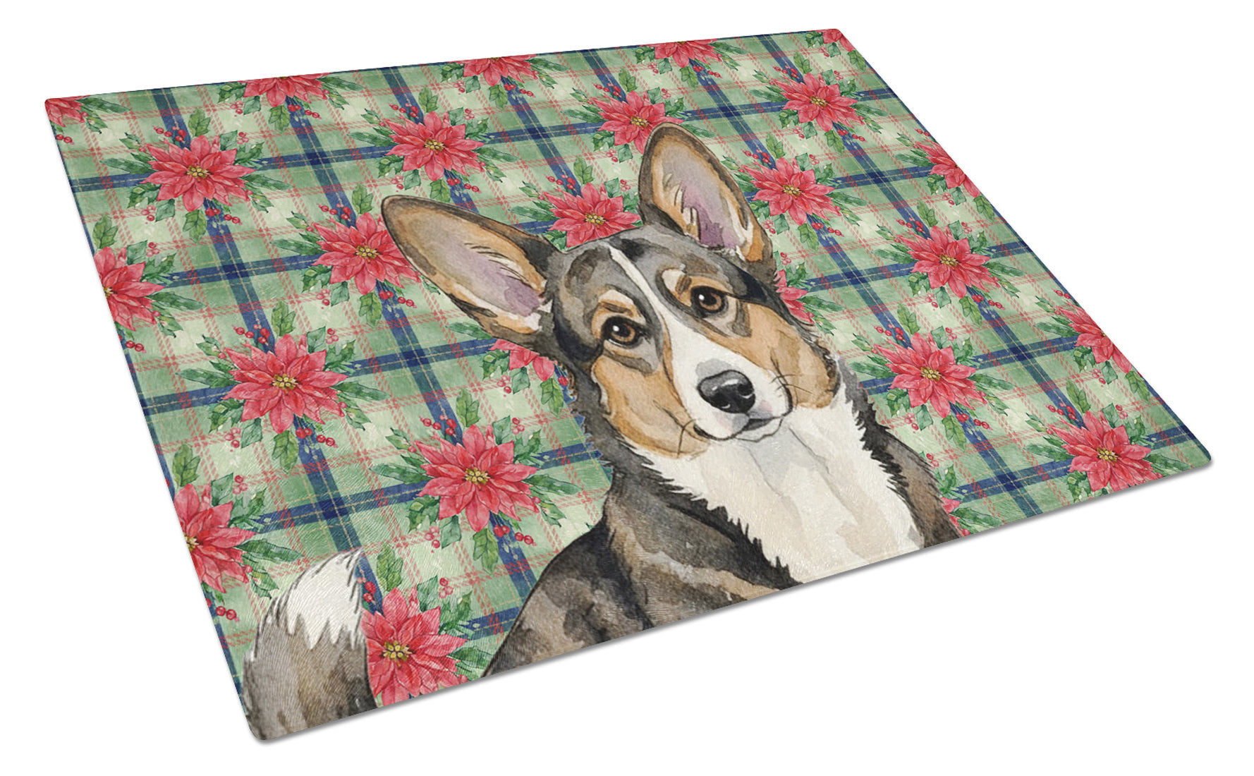 Brindle Cardigan Welsh Corgi Christmas PoinsettIas Cutting Board Tempered Glass Kitchen Cutting Surface, Heat Resistant Chopping, Non-Slip Feet, Food Prep & Serving
