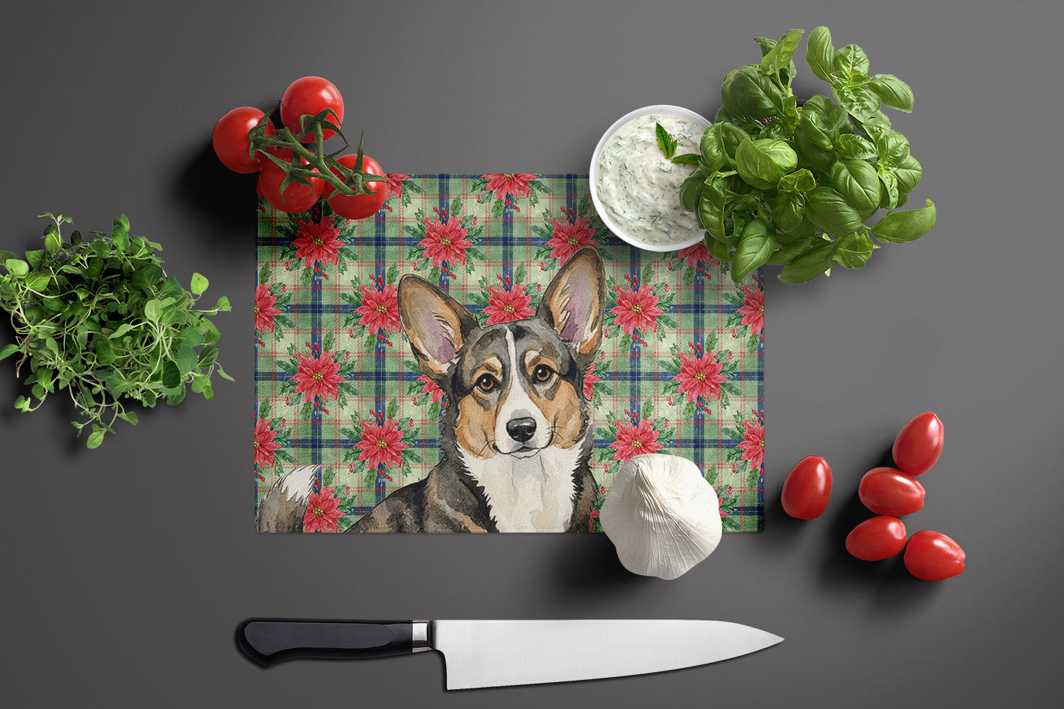 Brindle Cardigan Welsh Corgi Christmas PoinsettIas Cutting Board Tempered Glass Kitchen Cutting Surface, Heat Resistant Chopping, Non-Slip Feet, Food Prep & Serving