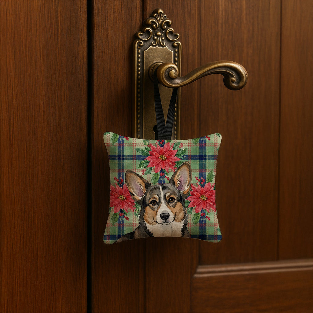 Brindle Cardigan Welsh Corgi Christmas PoinsettIas Hanging Square Fabric Ornament 3.5 � 3.5 Decorative Door-Knob & Tree Hanger, Soft Fabric