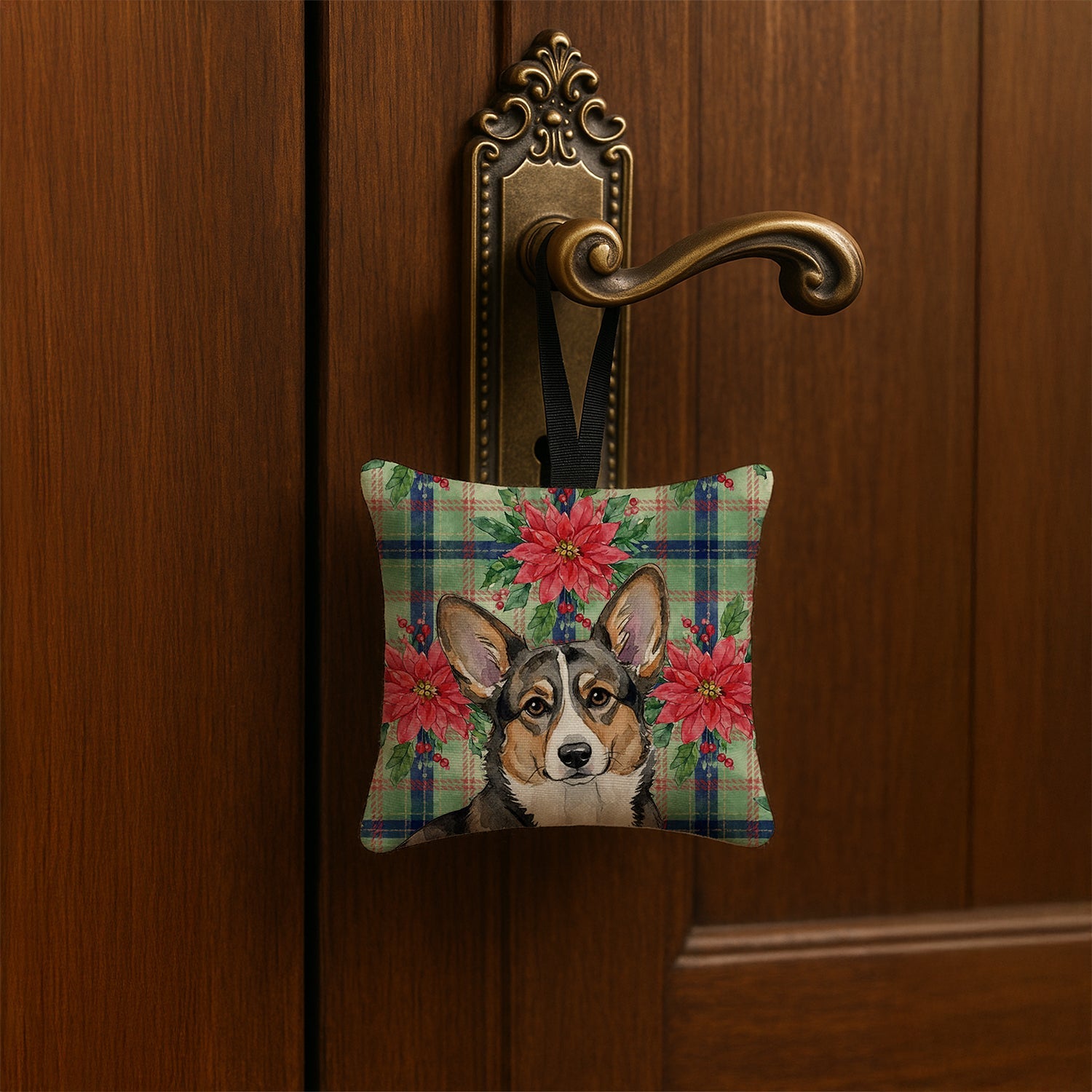 Brindle Cardigan Welsh Corgi Christmas PoinsettIas Hanging Square Fabric Ornament 3.5 � 3.5 Decorative Door-Knob & Tree Hanger, Soft Fabric