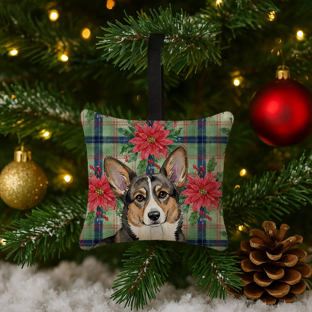 Brindle Cardigan Welsh Corgi Christmas PoinsettIas Hanging Square Fabric Ornament 3.5 � 3.5 Decorative Door-Knob & Tree Hanger, Soft Fabric