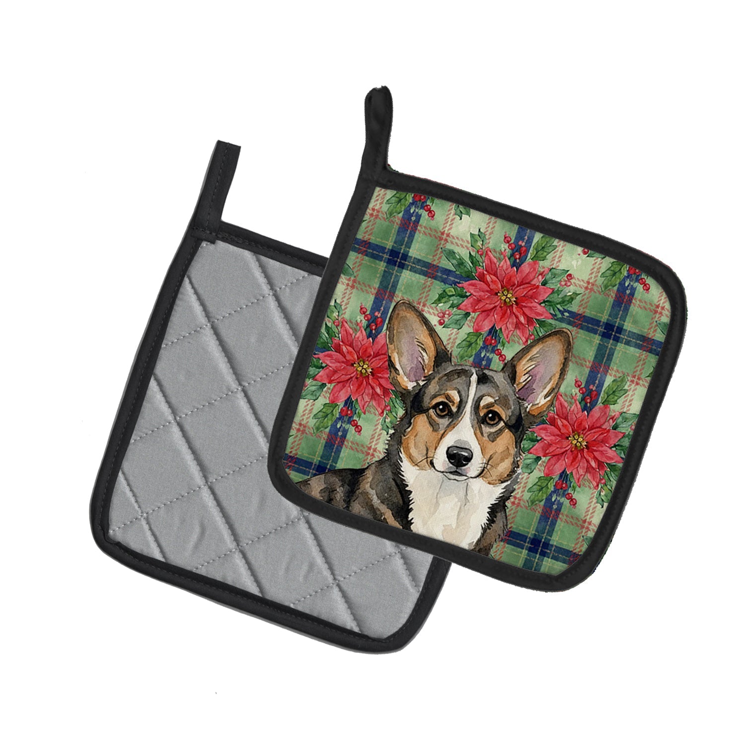 Brindle Cardigan Welsh Corgi Christmas PoinsettIas Pot Holder Set of 2 Heat Resistant Quilted Hot Pads 7.5 x 7.5 Inch, Insulated Kitchen Trivets for Cooking & Baking