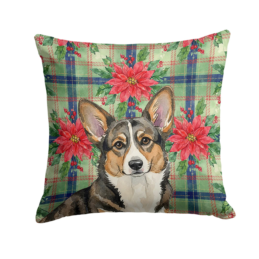 Brindle Cardigan Welsh Corgi Christmas PoinsettIas Decorative Throw Pillow 14x14 Indoor Outdoor Accent Cushion, Fabric Cover with Insert for Sofa, Bed, Porch & Living Room