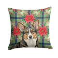 Brindle Cardigan Welsh Corgi Christmas PoinsettIas Decorative Throw Pillow 14x14 Indoor Outdoor Accent Cushion, Fabric Cover with Insert for Sofa, Bed, Porch & Living Room