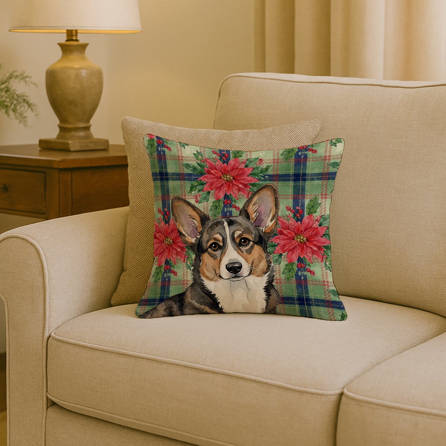 Brindle Cardigan Welsh Corgi Christmas PoinsettIas Decorative Throw Pillow 18x18 Indoor Outdoor Accent Cushion, Fabric Cover with Insert for Sofa, Bed, Porch & Living Room