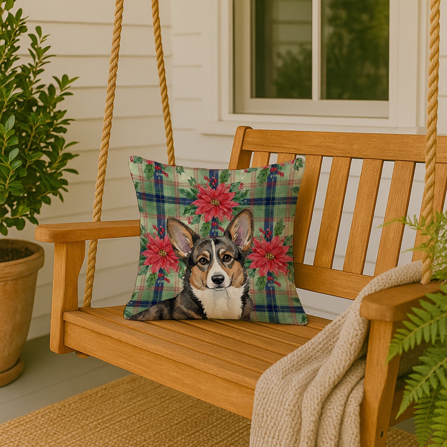 Brindle Cardigan Welsh Corgi Christmas PoinsettIas Decorative Throw Pillow 18x18 Indoor Outdoor Accent Cushion, Fabric Cover with Insert for Sofa, Bed, Porch & Living Room