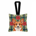 Red Cardigan Welsh Corgi Christmas PoinsettIas Hanging Square Fabric Ornament 3.5 � 3.5 Decorative Door-Knob & Tree Hanger, Soft Fabric
