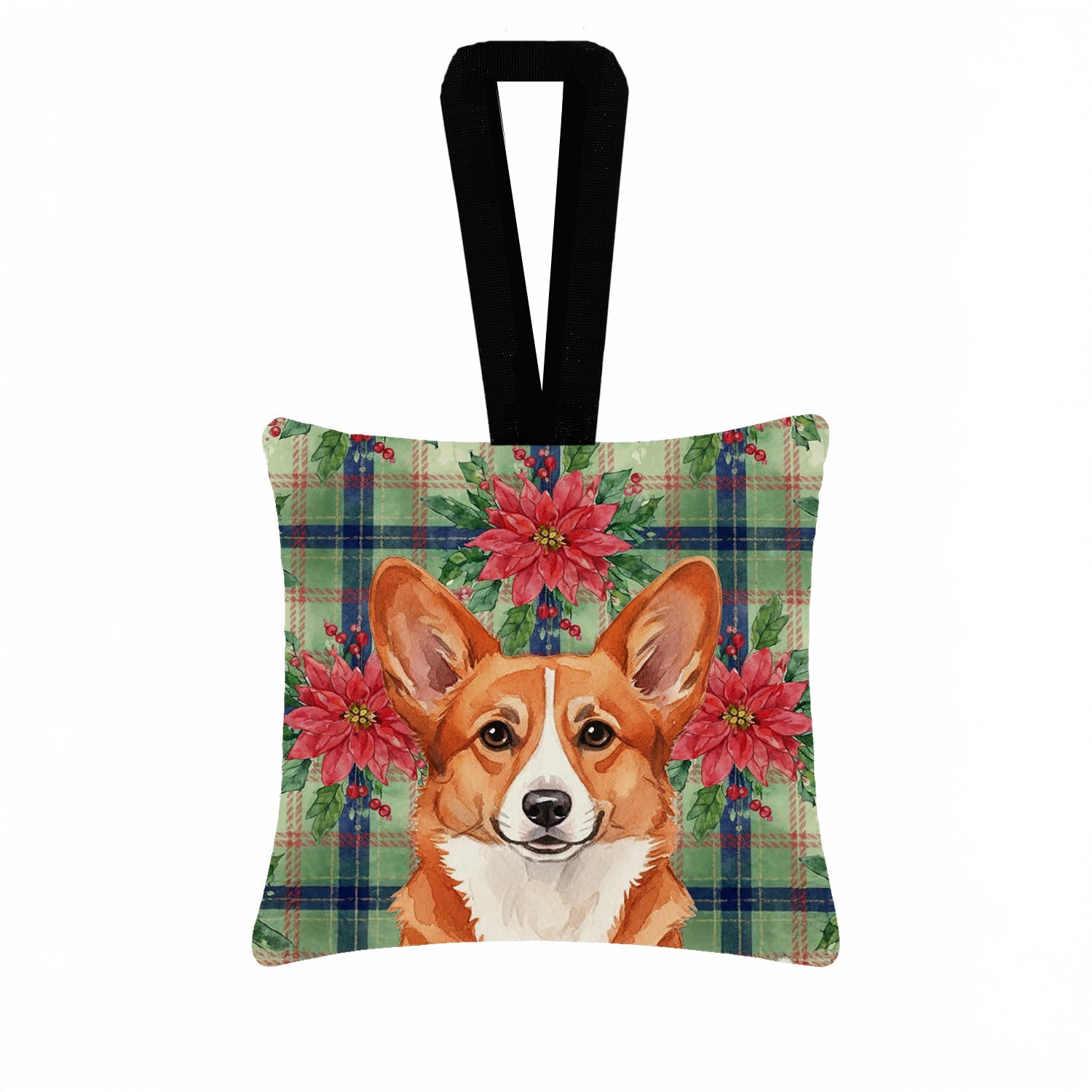 Red Cardigan Welsh Corgi Christmas PoinsettIas Hanging Square Fabric Ornament 3.5 � 3.5 Decorative Door-Knob & Tree Hanger, Soft Fabric