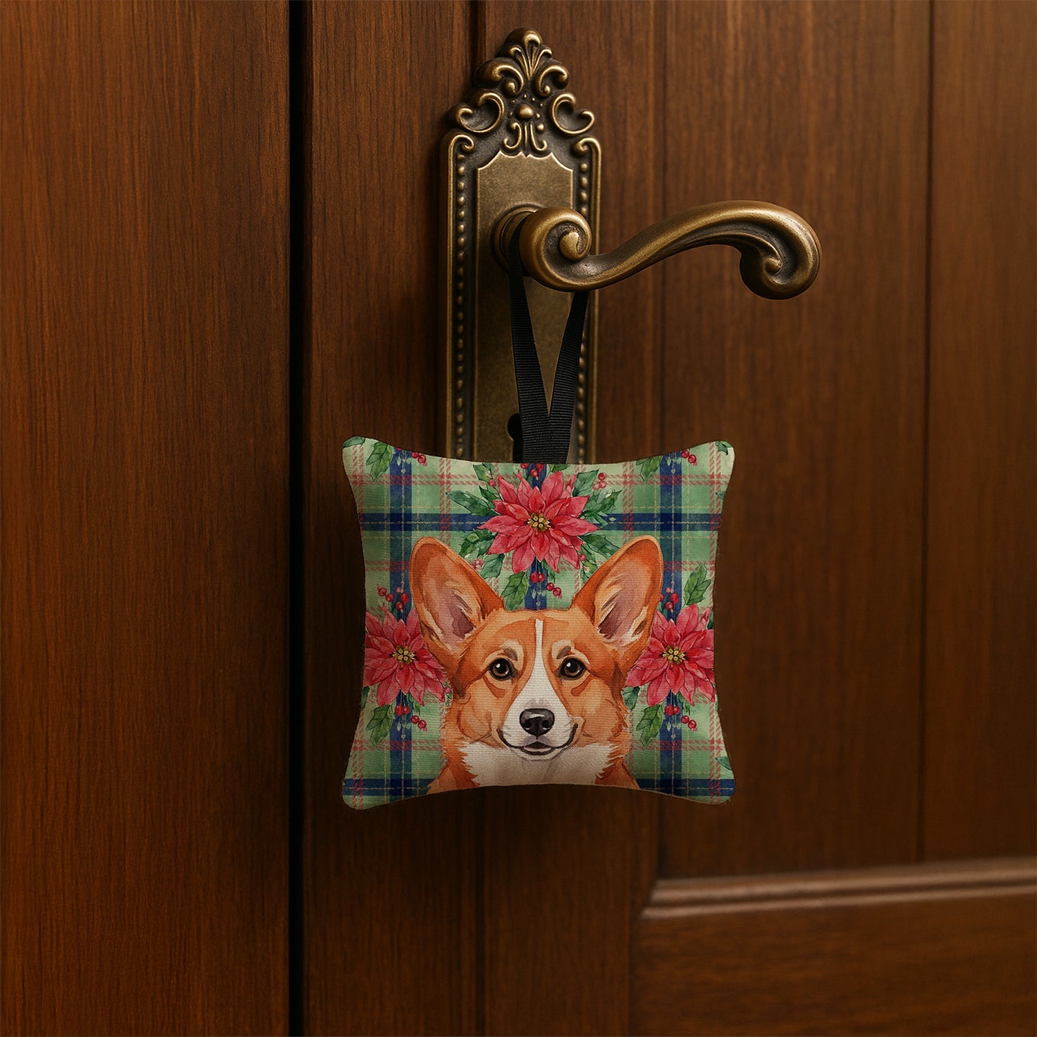 Red Cardigan Welsh Corgi Christmas PoinsettIas Hanging Square Fabric Ornament 3.5 � 3.5 Decorative Door-Knob & Tree Hanger, Soft Fabric