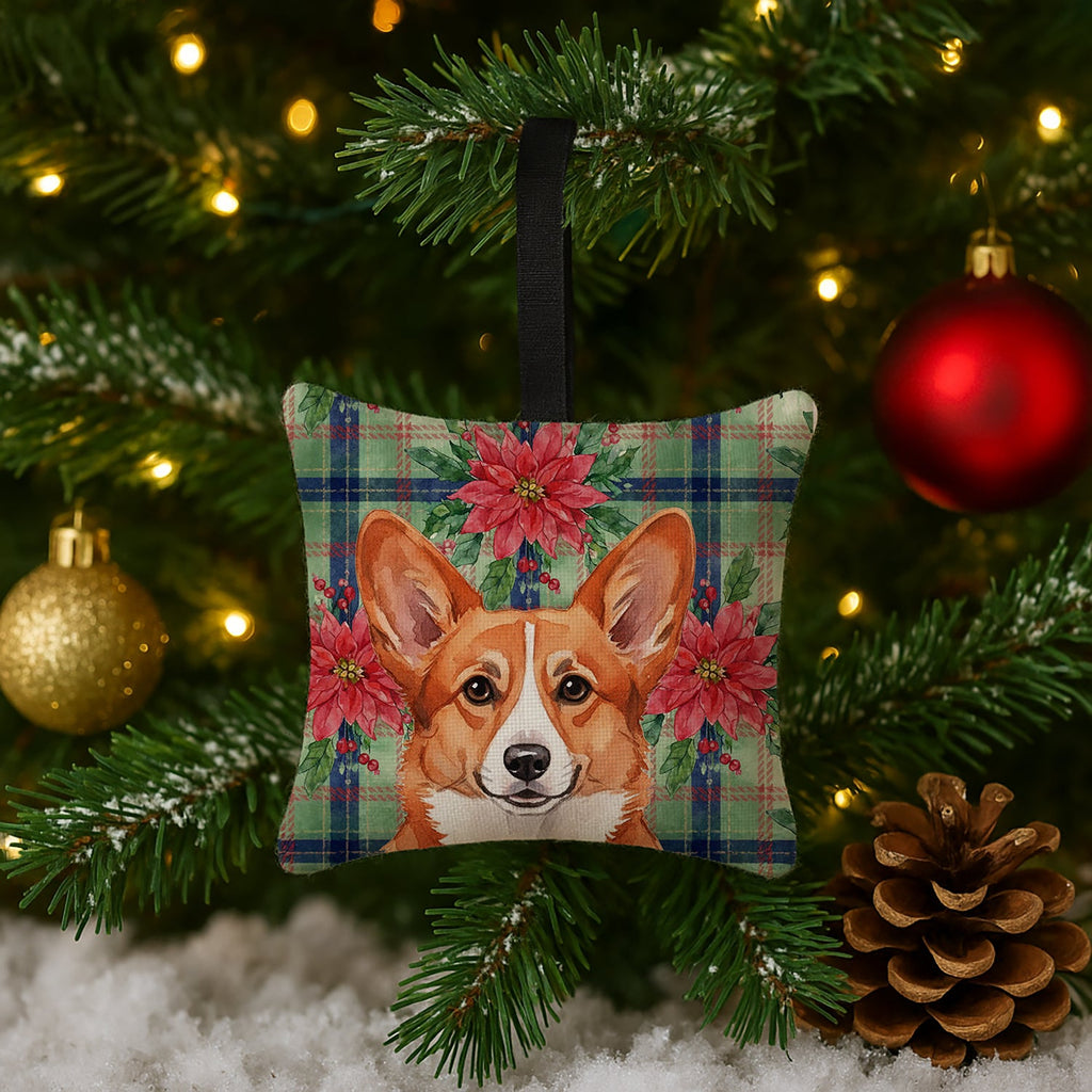 Red Cardigan Welsh Corgi Christmas PoinsettIas Hanging Square Fabric Ornament 3.5 � 3.5 Decorative Door-Knob & Tree Hanger, Soft Fabric
