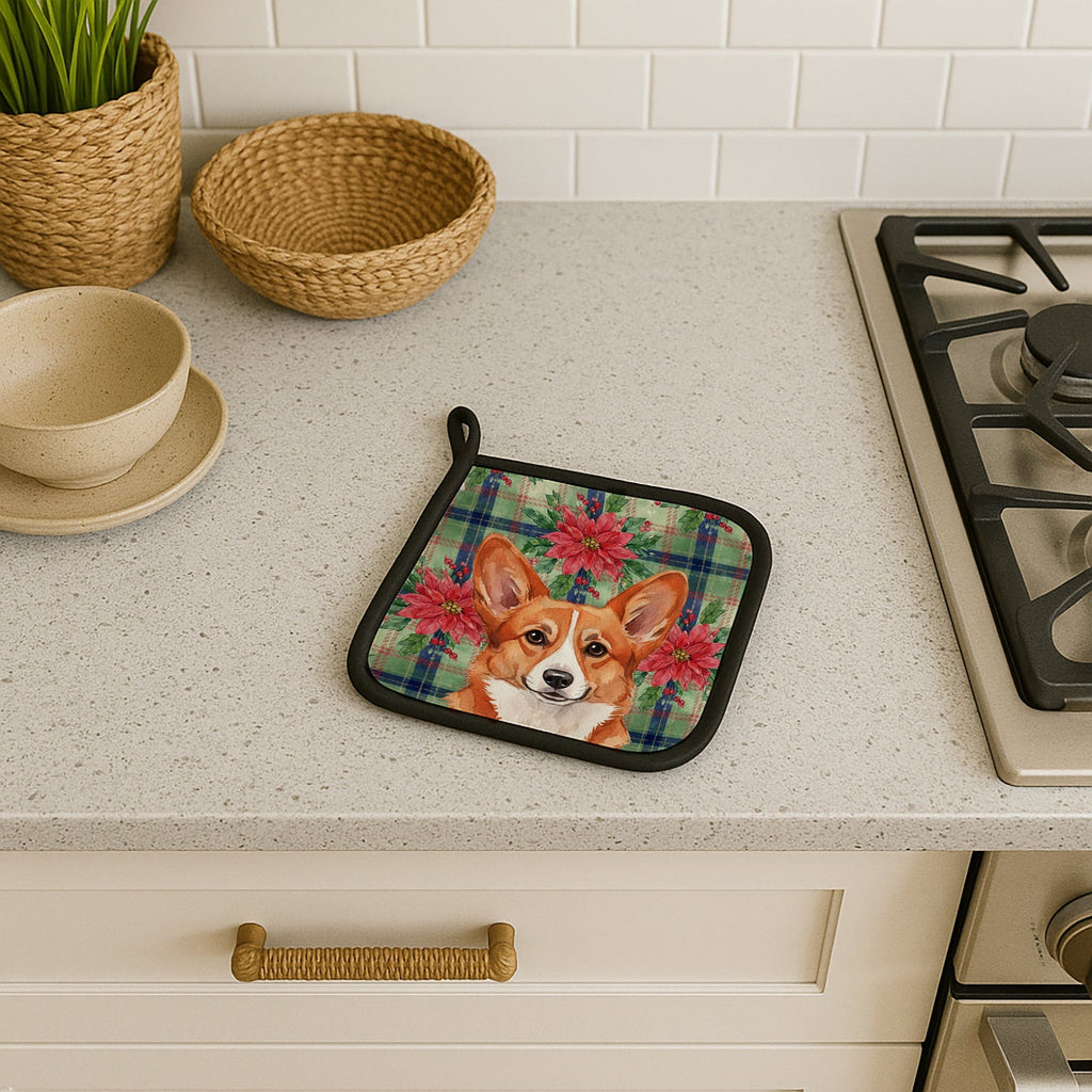 Red Cardigan Welsh Corgi Christmas PoinsettIas Pot Holder Set of 2 Heat Resistant Quilted Hot Pads 7.5 x 7.5 Inch, Insulated Kitchen Trivets for Cooking & Baking