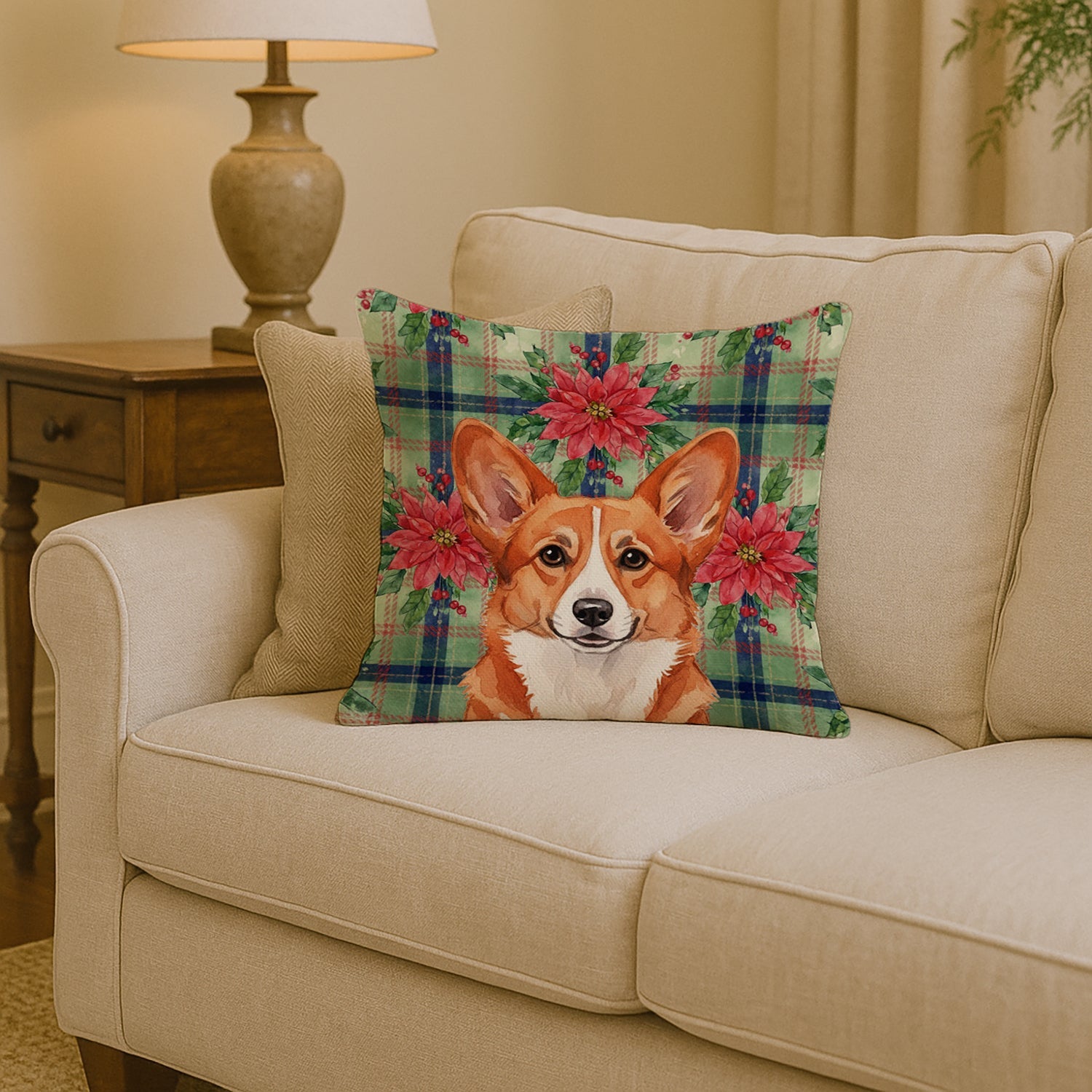 Red Cardigan Welsh Corgi Christmas PoinsettIas Decorative Throw Pillow 14x14 Indoor Outdoor Accent Cushion, Fabric Cover with Insert for Sofa, Bed, Porch & Living Room