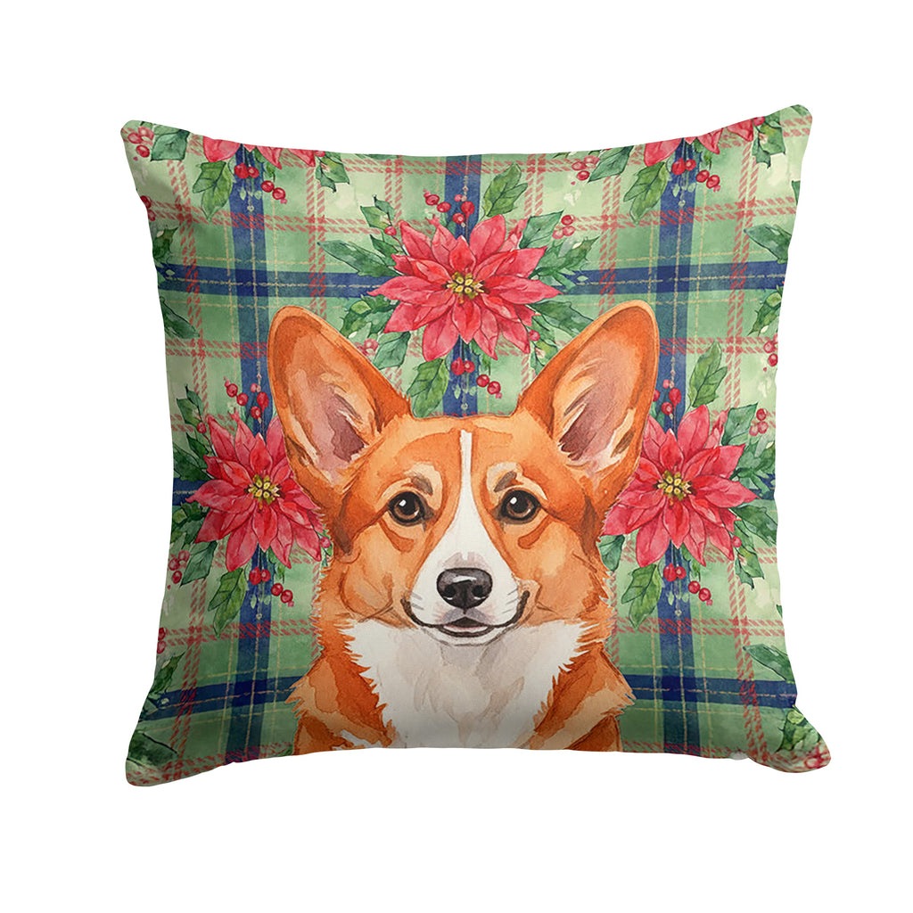 Red Cardigan Welsh Corgi Christmas PoinsettIas Decorative Throw Pillow 18x18 Indoor Outdoor Accent Cushion, Fabric Cover with Insert for Sofa, Bed, Porch & Living Room
