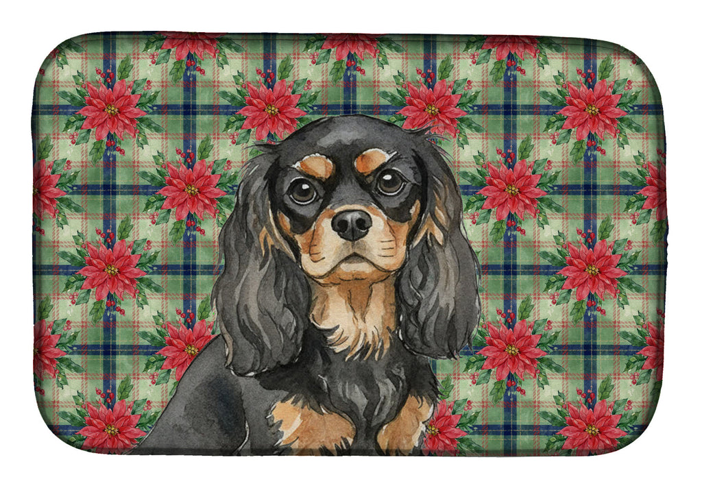 Black and Tan Cavalier Spaniel Christmas PoinsettIas Dish Drying Mat Absorbent Dish Drying Mat Pad for Kitchen Counter Dish Drainer Mat for Countertop, 14 x 21", Multicolor