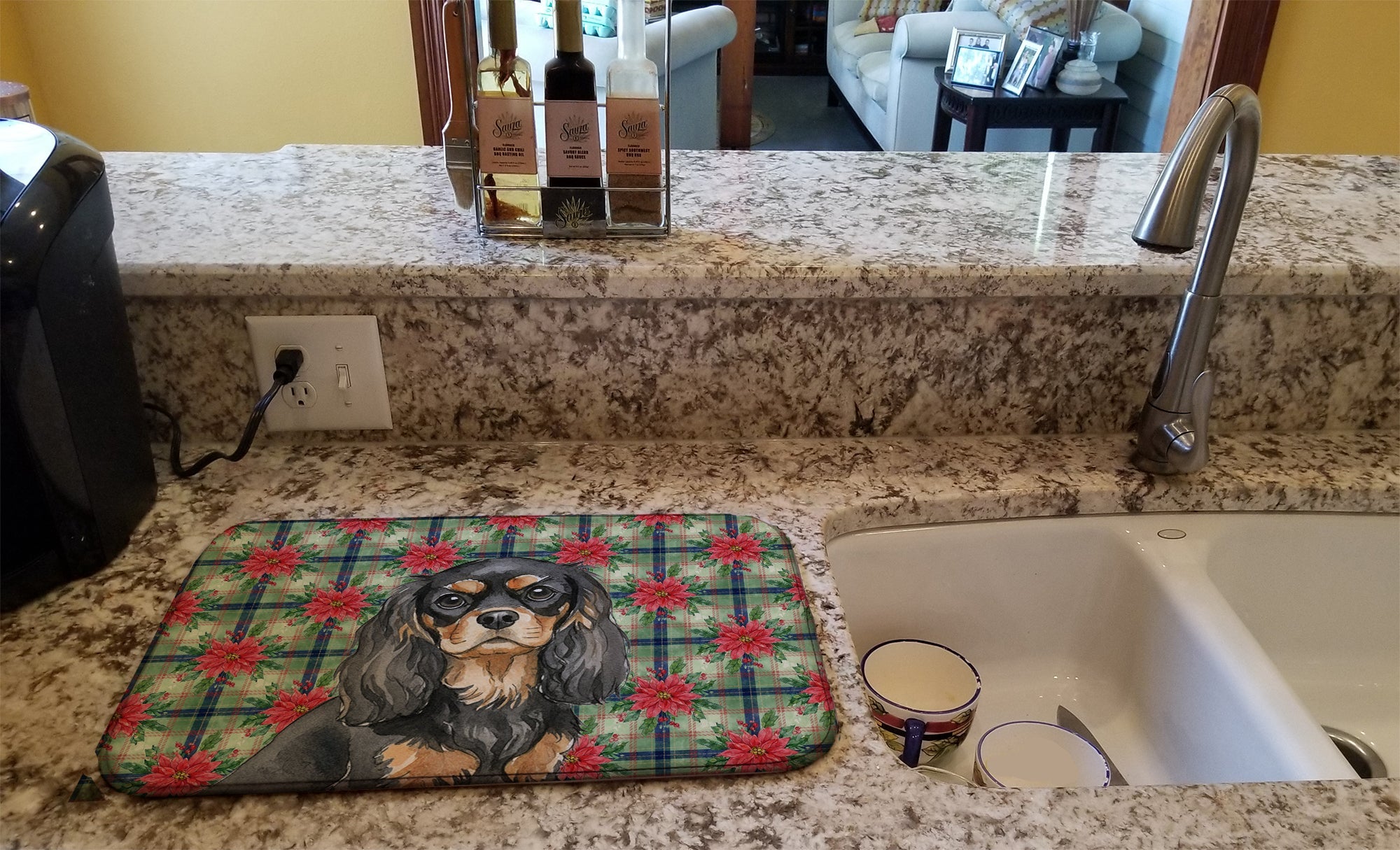 Black and Tan Cavalier Spaniel Christmas PoinsettIas Dish Drying Mat Absorbent Dish Drying Mat Pad for Kitchen Counter Dish Drainer Mat for Countertop, 14 x 21", Multicolor
