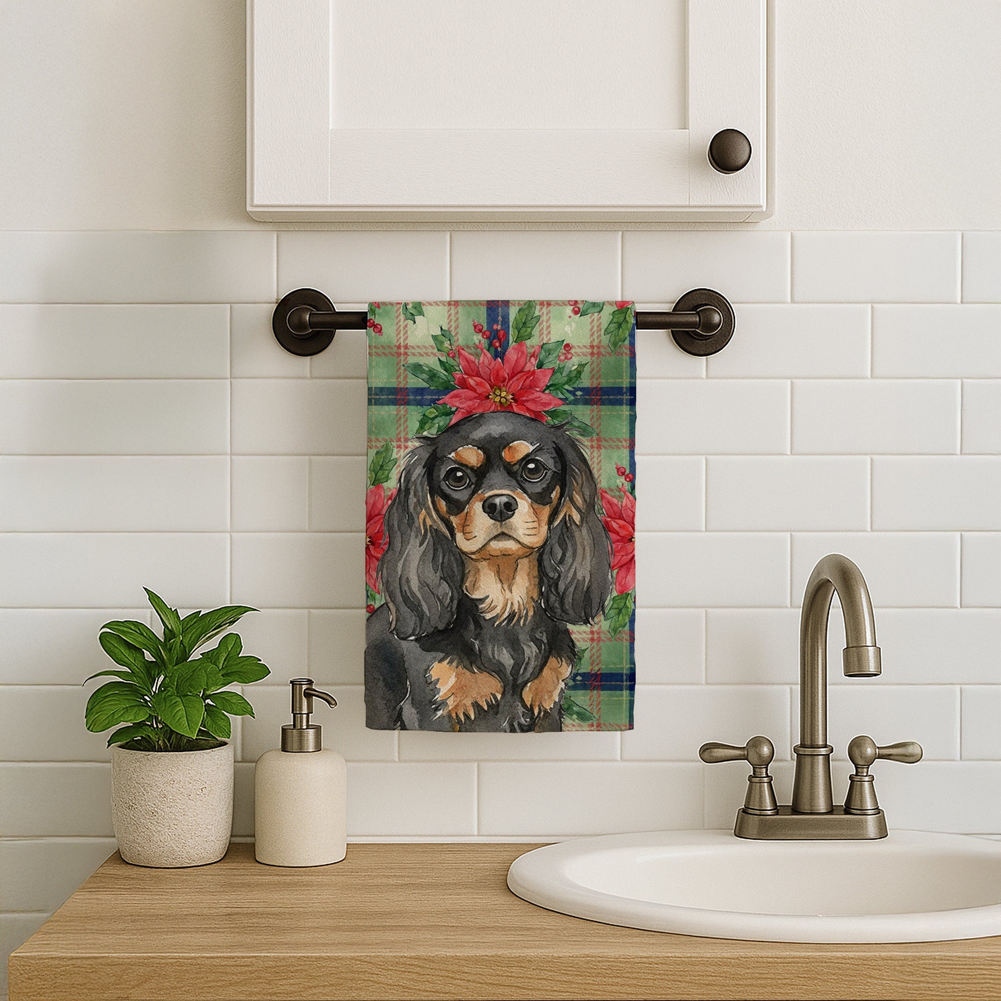 Black and Tan Cavalier Spaniel Christmas PoinsettIas Kitchen Towel Velour Plush Front and Cotton Loop Back Machine Washable