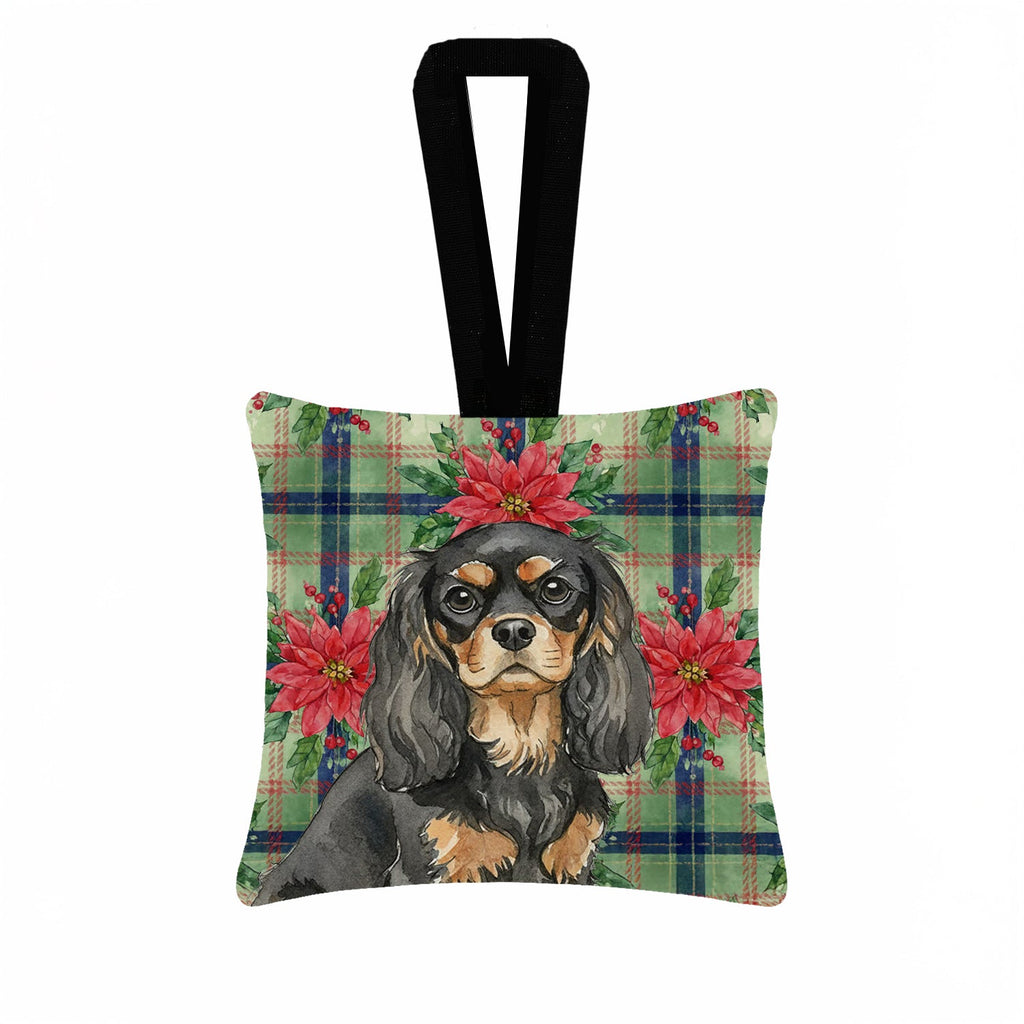Black and Tan Cavalier Spaniel Christmas PoinsettIas Hanging Square Fabric Ornament 3.5 � 3.5 Decorative Door-Knob & Tree Hanger, Soft Fabric
