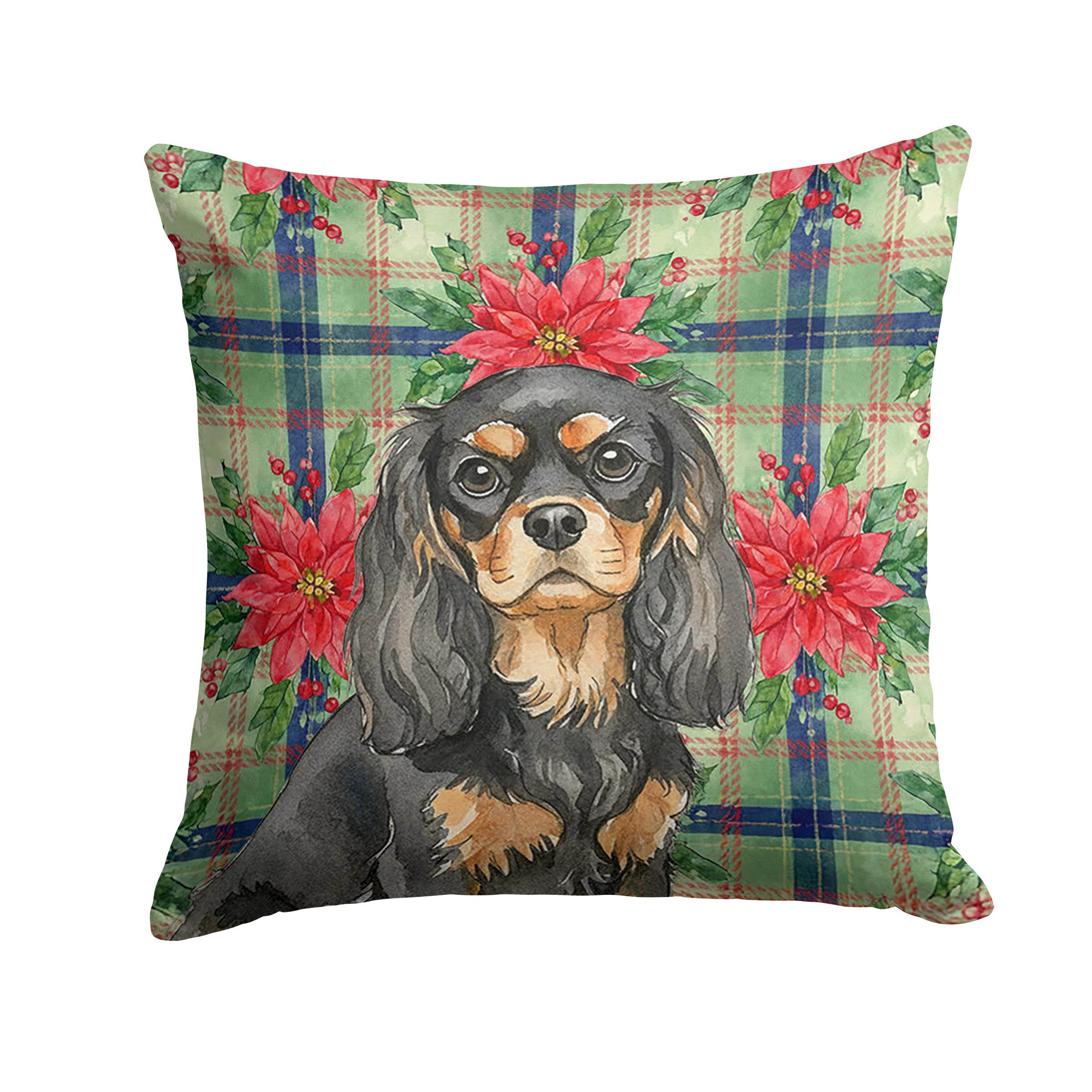 Black and Tan Cavalier Spaniel Christmas PoinsettIas Decorative Throw Pillow 18x18 Indoor Outdoor Accent Cushion, Fabric Cover with Insert for Sofa, Bed, Porch & Living Room