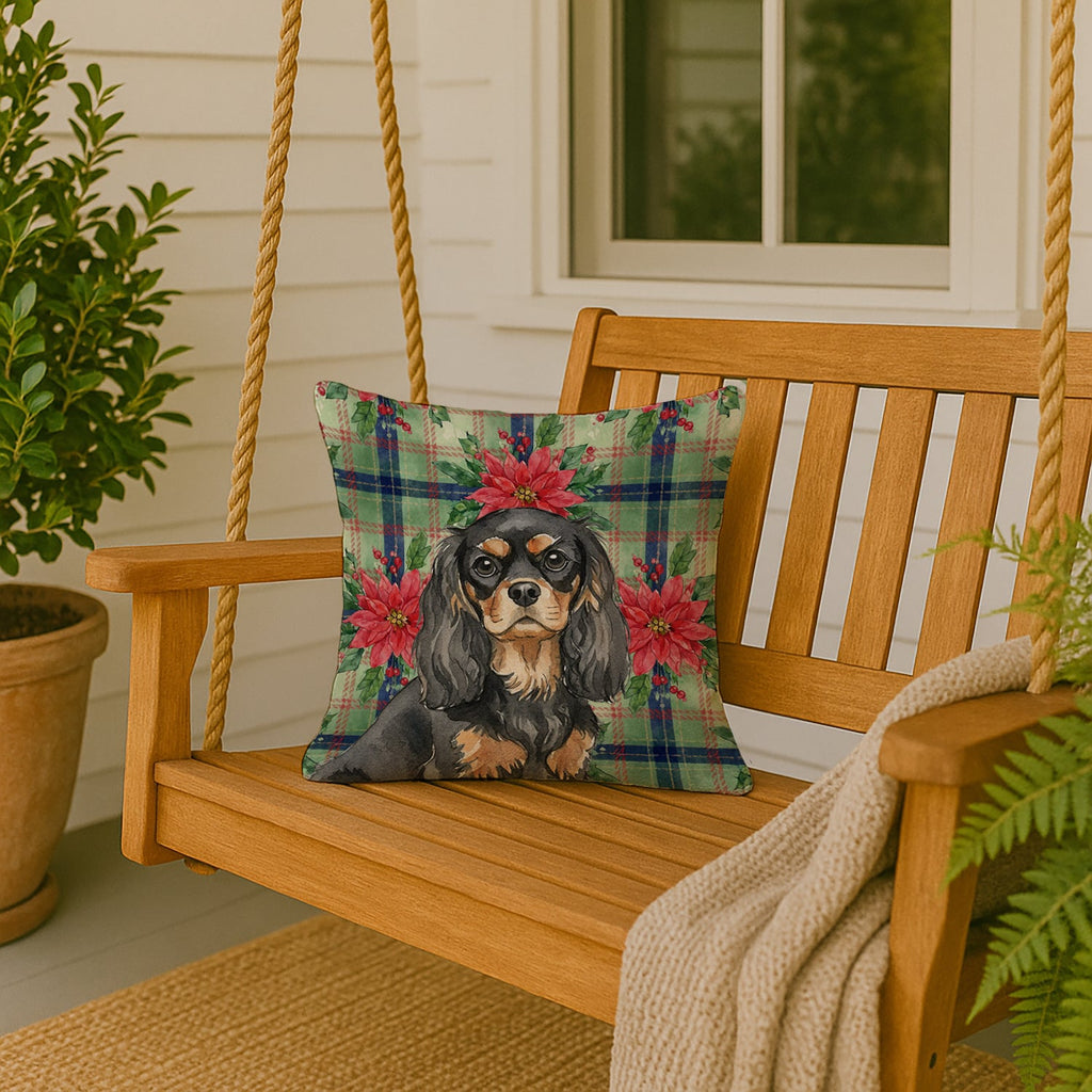 Black and Tan Cavalier Spaniel Christmas PoinsettIas Decorative Throw Pillow 18x18 Indoor Outdoor Accent Cushion, Fabric Cover with Insert for Sofa, Bed, Porch & Living Room