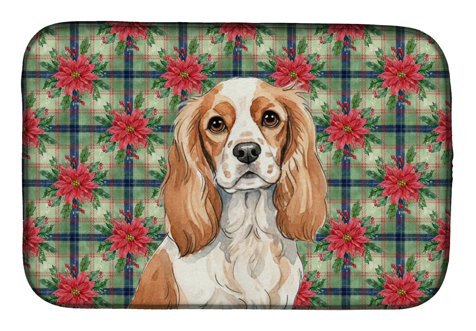 Blenheim Cavalier Spaniel Christmas PoinsettIas Dish Drying Mat Absorbent Dish Drying Mat Pad for Kitchen Counter Dish Drainer Mat for Countertop, 14 x 21", Multicolor
