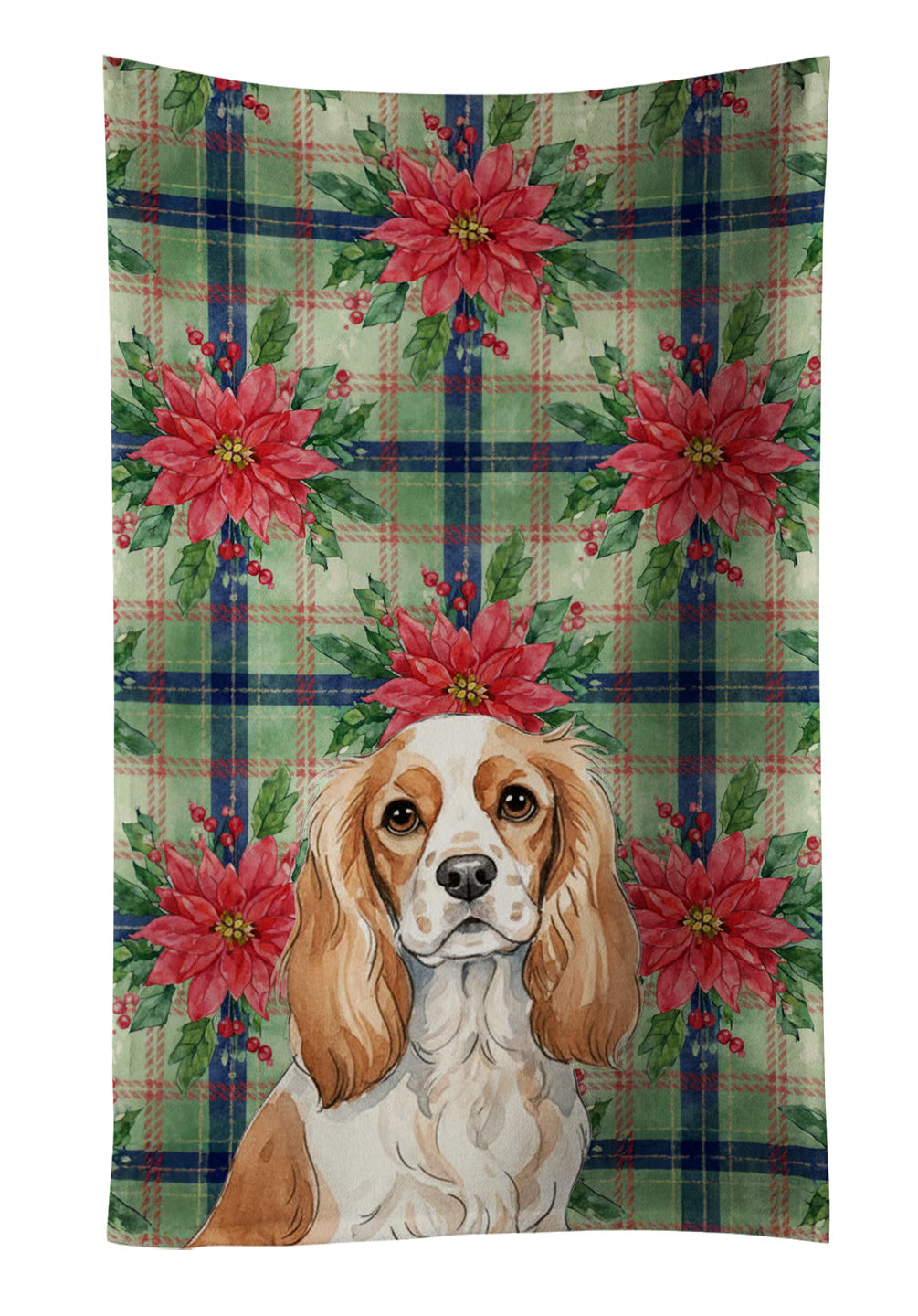 Blenheim Cavalier Spaniel Christmas PoinsettIas Kitchen Towel Velour Plush Front and Cotton Loop Back Machine Washable