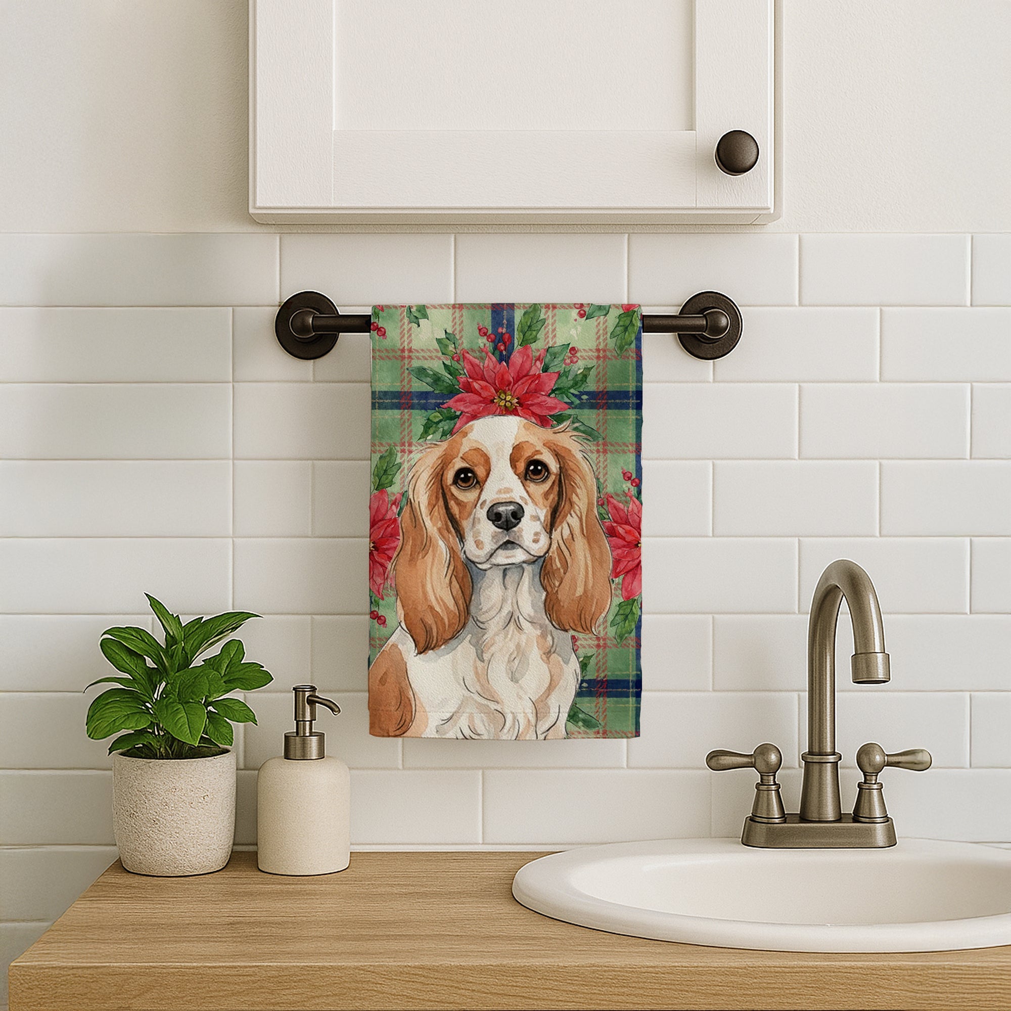 Blenheim Cavalier Spaniel Christmas PoinsettIas Kitchen Towel Velour Plush Front and Cotton Loop Back Machine Washable