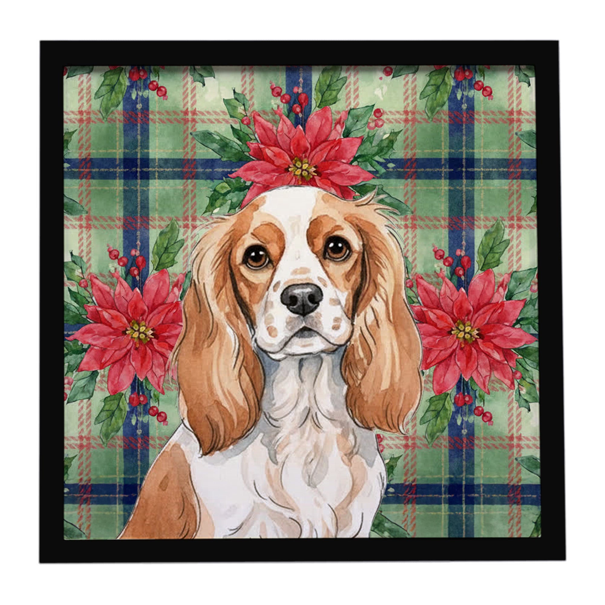 Blenheim Cavalier Spaniel Christmas PoinsettIas Framed Metal Print Bathroom, Kitchen, Office, Home Decor Wall Art Ready to Hang, Square, 8X8