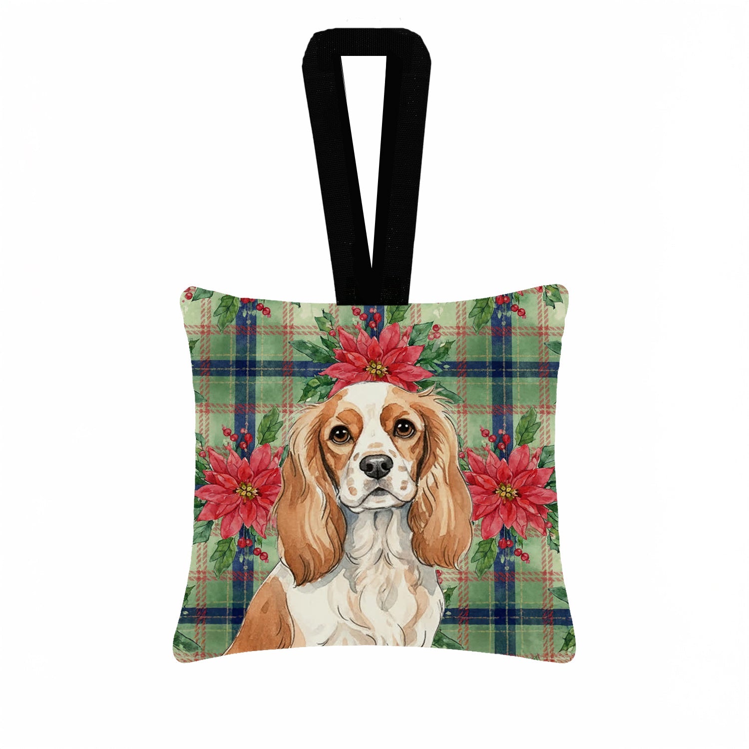 Blenheim Cavalier Spaniel Christmas PoinsettIas Hanging Square Fabric Ornament 3.5 � 3.5 Decorative Door-Knob & Tree Hanger, Soft Fabric
