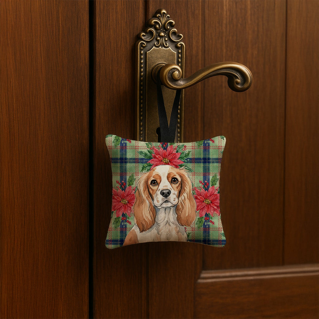 Blenheim Cavalier Spaniel Christmas PoinsettIas Hanging Square Fabric Ornament 3.5 � 3.5 Decorative Door-Knob & Tree Hanger, Soft Fabric