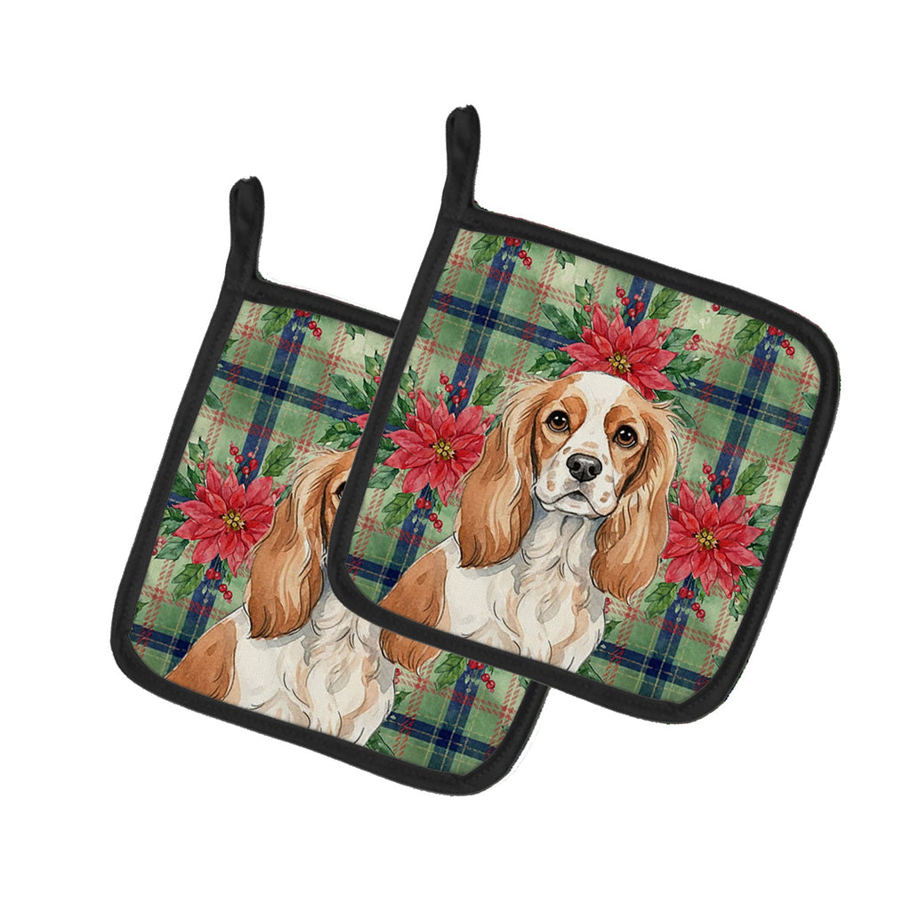 Blenheim Cavalier Spaniel Christmas PoinsettIas Pot Holder Set of 2 Heat Resistant Quilted Hot Pads 7.5 x 7.5 Inch, Insulated Kitchen Trivets for Cooking & Baking