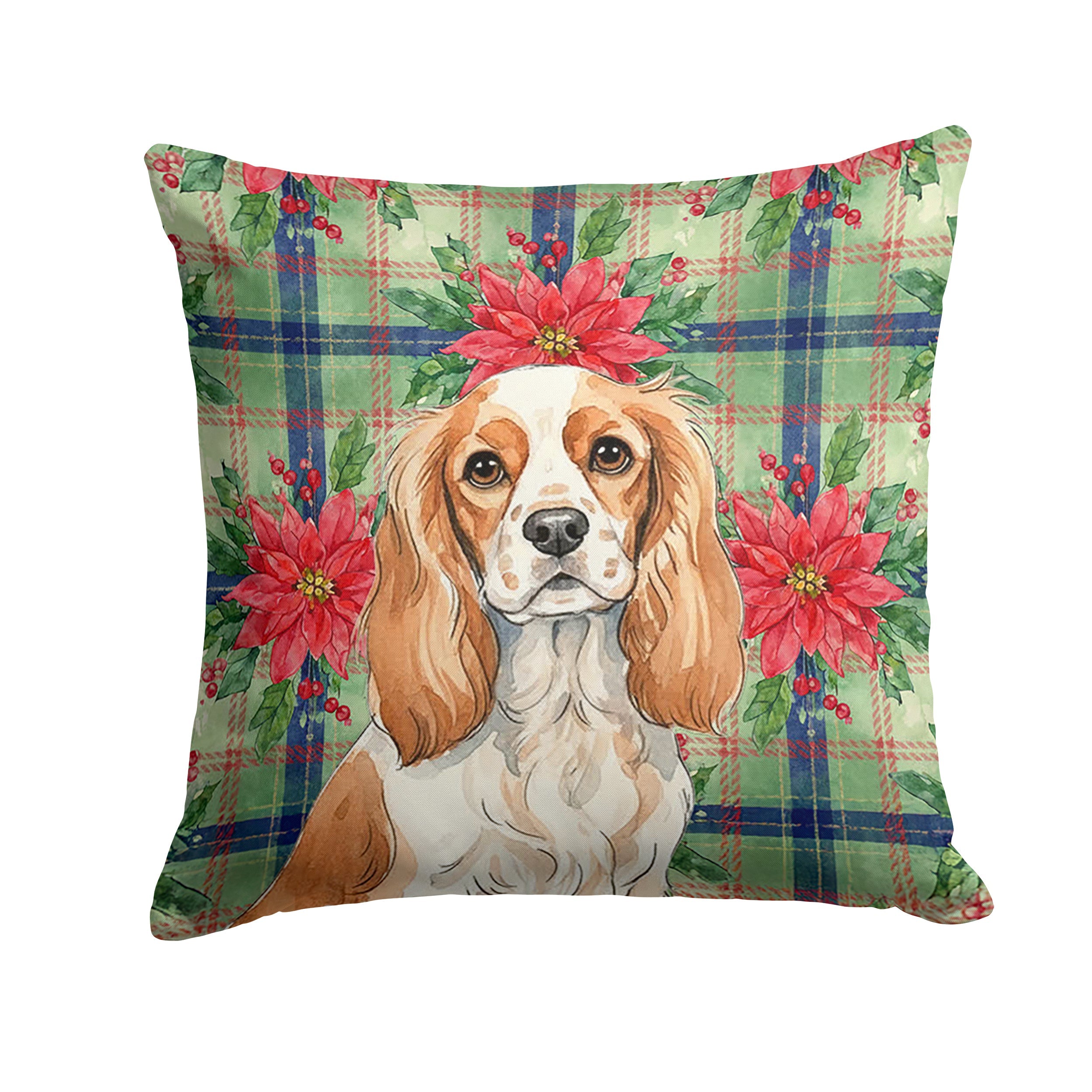 Blenheim Cavalier Spaniel Christmas PoinsettIas Decorative Throw Pillow 14x14 Indoor Outdoor Accent Cushion, Fabric Cover with Insert for Sofa, Bed, Porch & Living Room