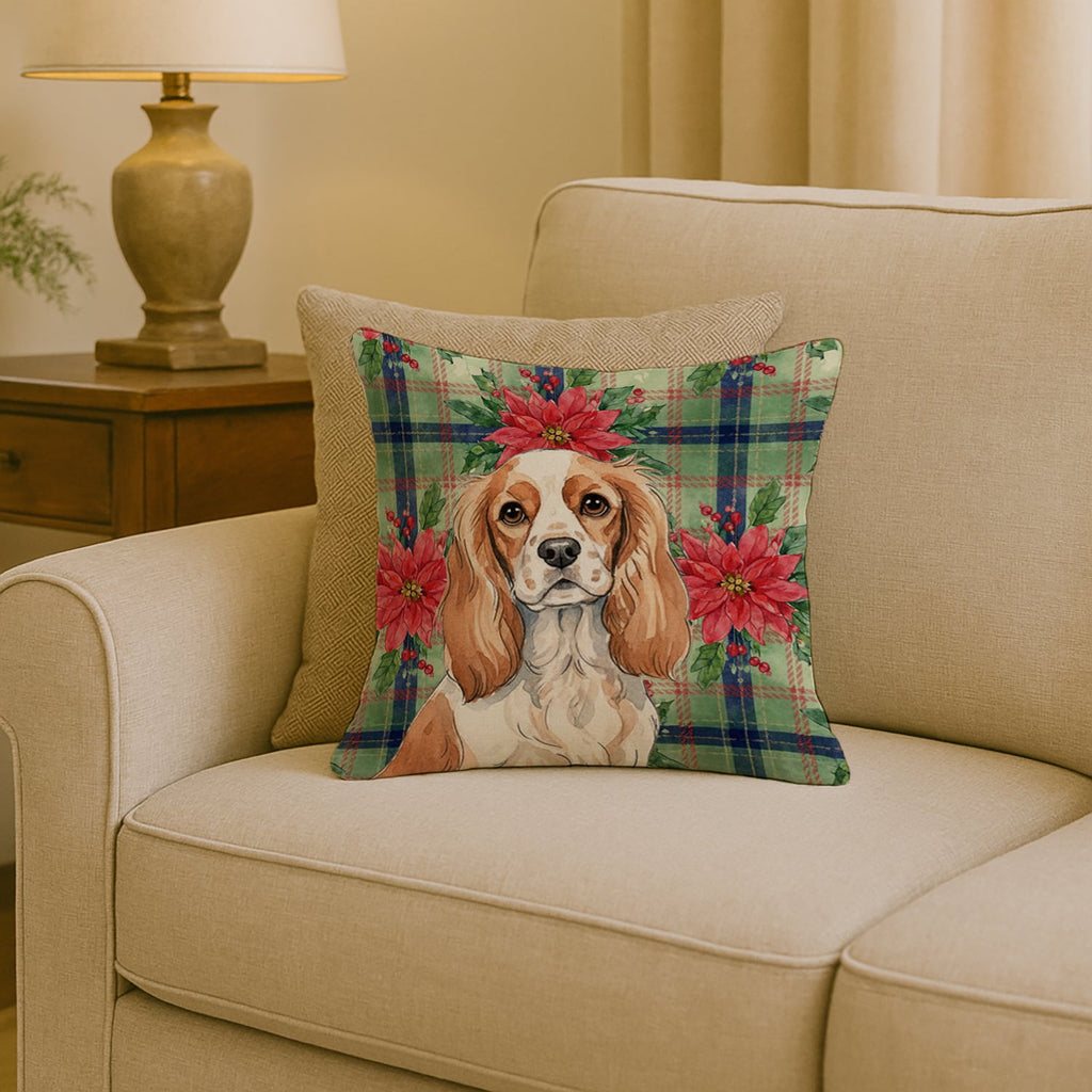 Blenheim Cavalier Spaniel Christmas PoinsettIas Decorative Throw Pillow 18x18 Indoor Outdoor Accent Cushion, Fabric Cover with Insert for Sofa, Bed, Porch & Living Room