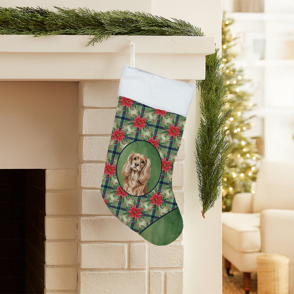 Ruby Cavalier Spaniel Christmas PoinsettIas Holiday Stocking Double-Sided Print, Polyester Suede,11x18, Made in USA