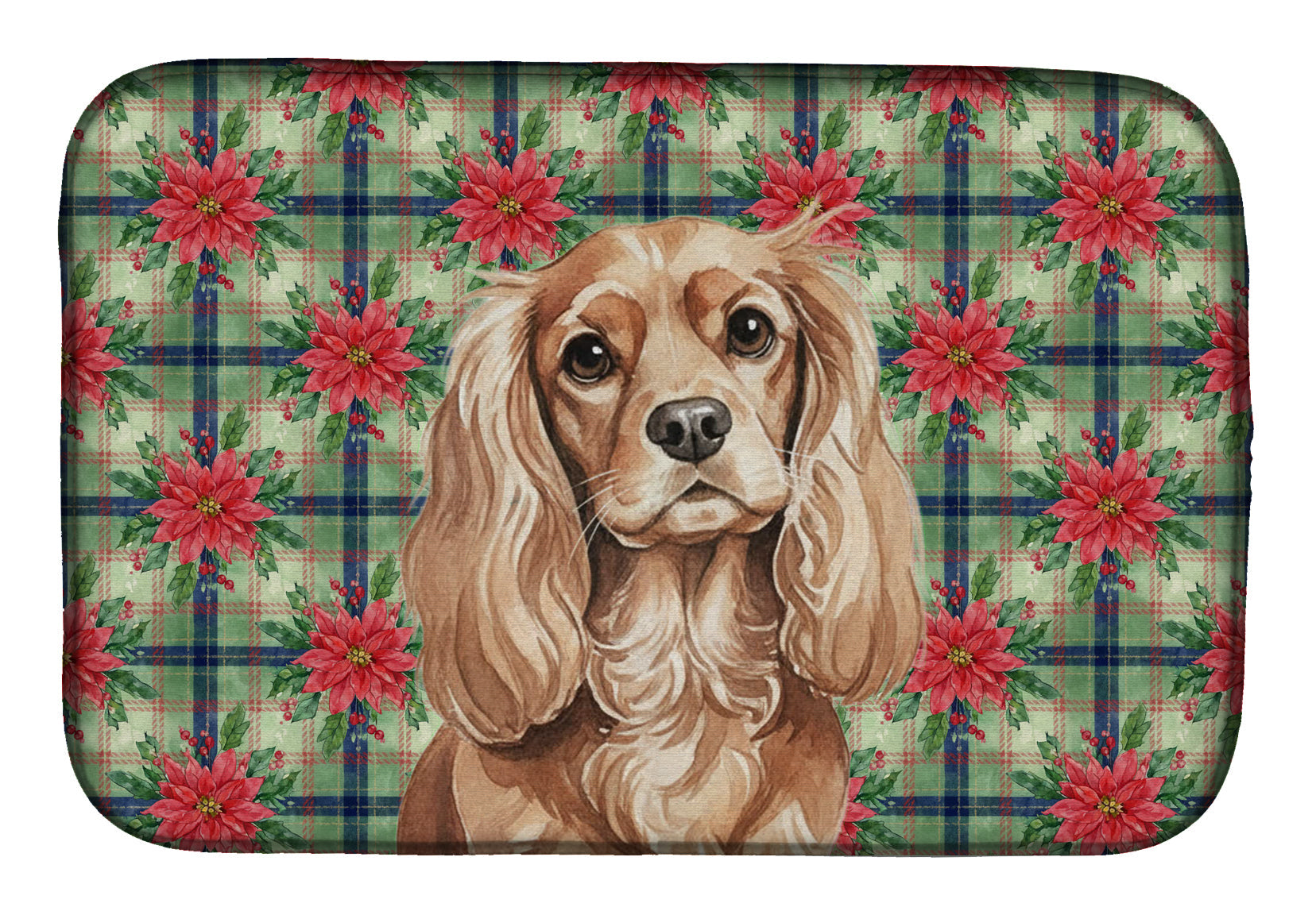 Ruby Cavalier Spaniel Christmas PoinsettIas Dish Drying Mat Absorbent Dish Drying Mat Pad for Kitchen Counter Dish Drainer Mat for Countertop, 14 x 21", Multicolor