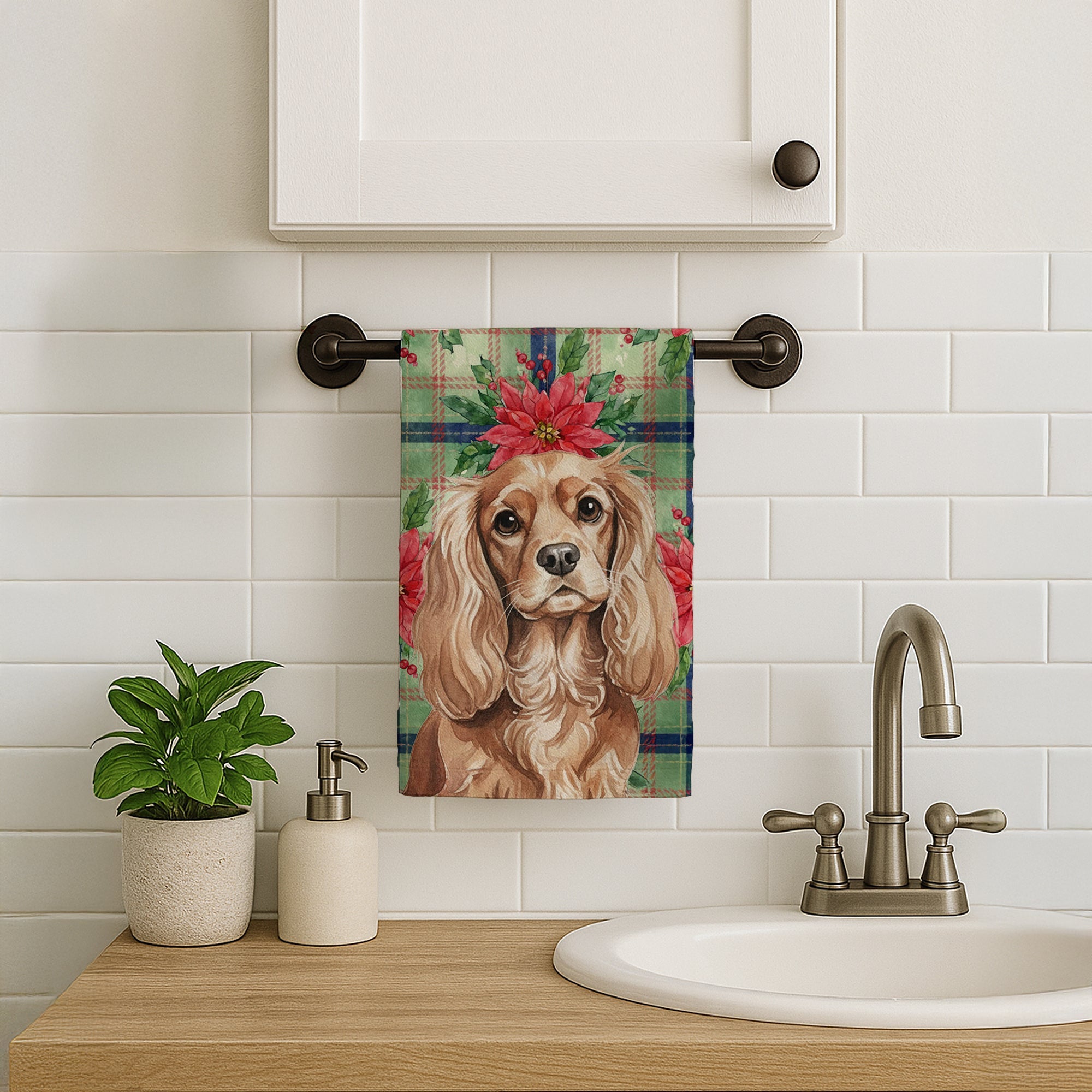 Ruby Cavalier Spaniel Christmas PoinsettIas Kitchen Towel Velour Plush Front and Cotton Loop Back Machine Washable